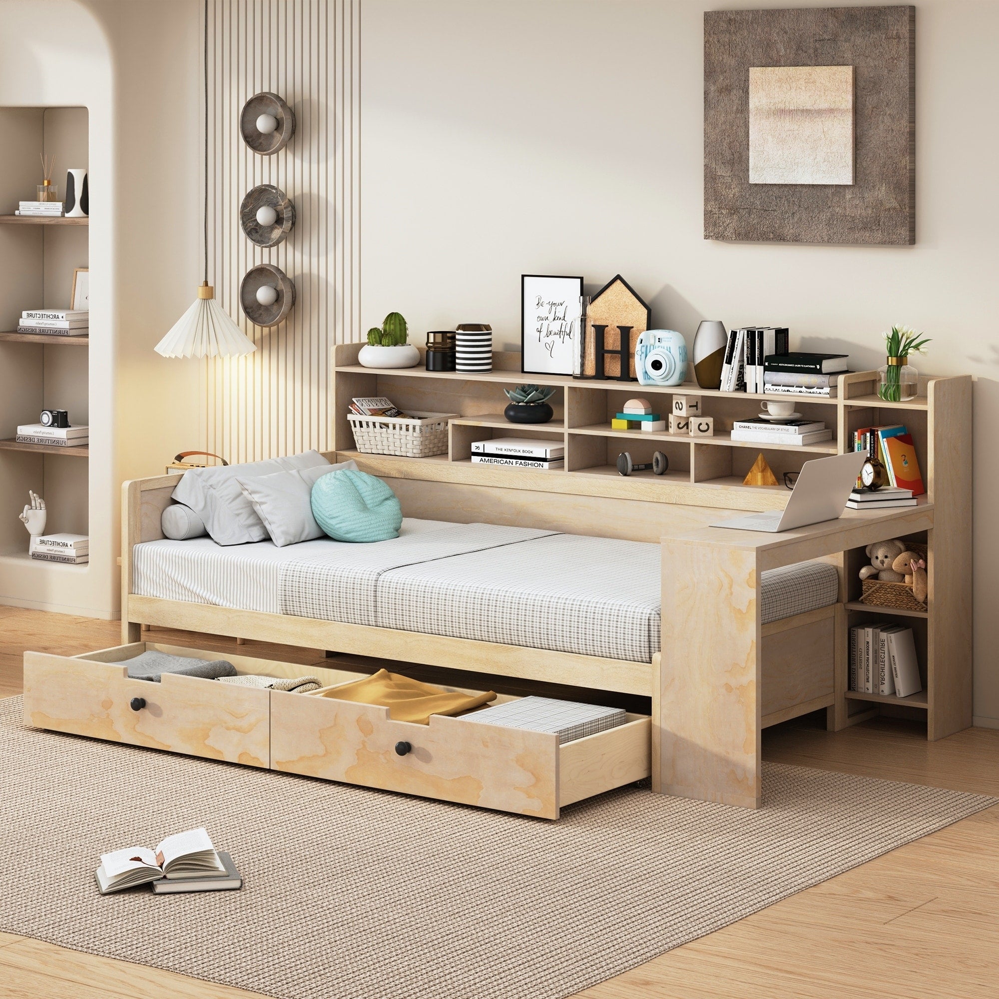 Twin Size Daybed With Storage Shelves Multi Functional Bed With Two Storage Drawers And Study Desk