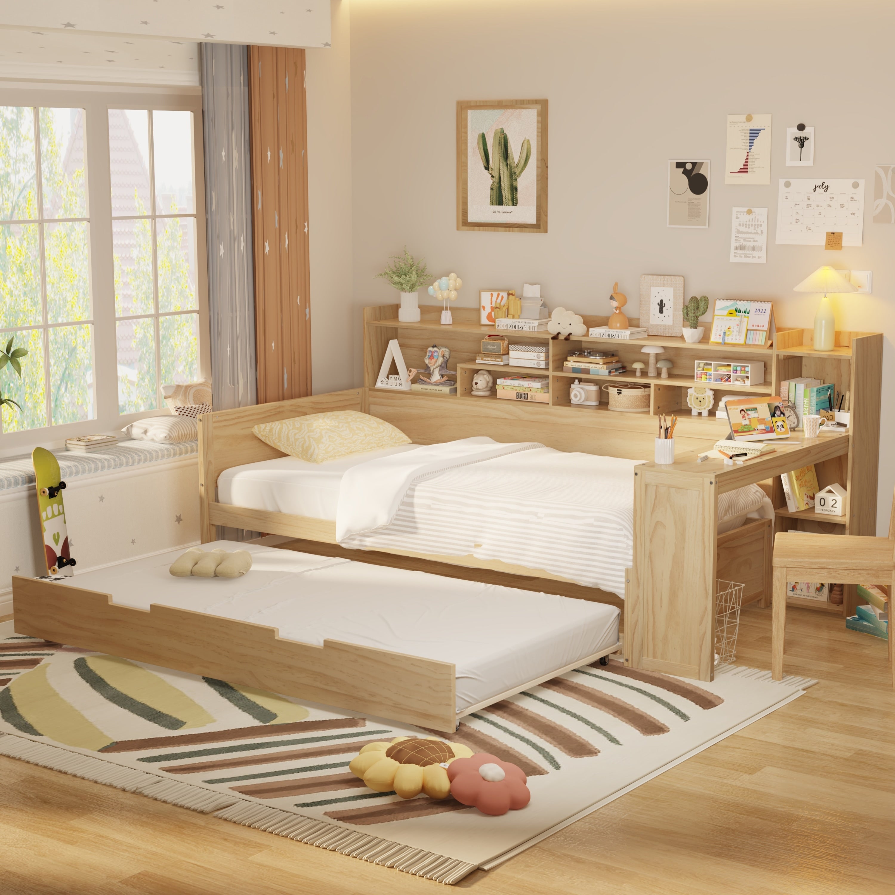 Twin Size Daybed With Trundle Built In Desk Multi Layer Storage