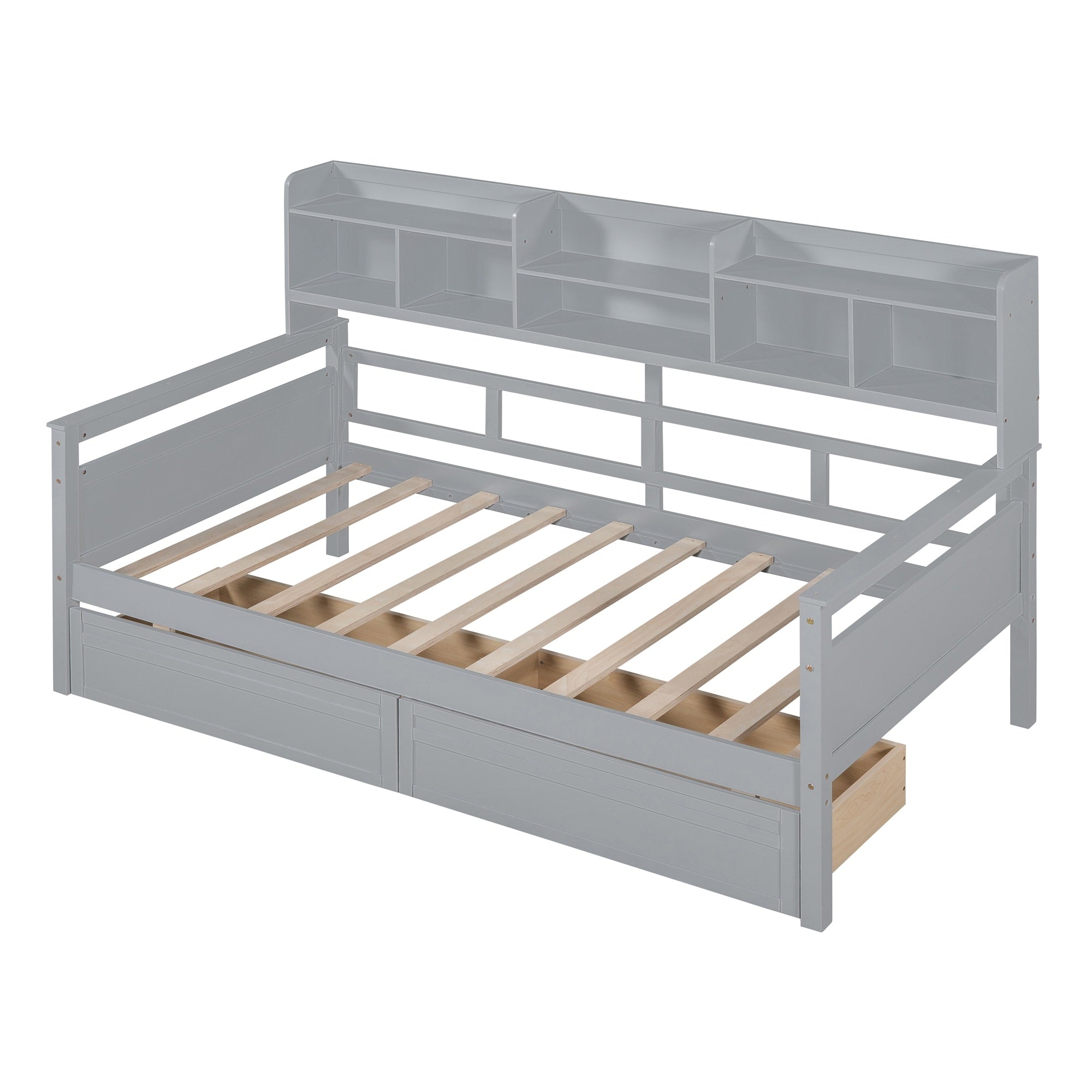 Twin Size Daybed With Wood Slat Support Bedside Shelves And 2 Storage Drawers