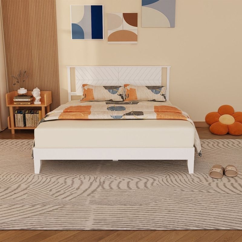 Twin Size Deluxe Bed Frame With Headboard With Solid Wood No Box Spring Needed Easy Assembly White