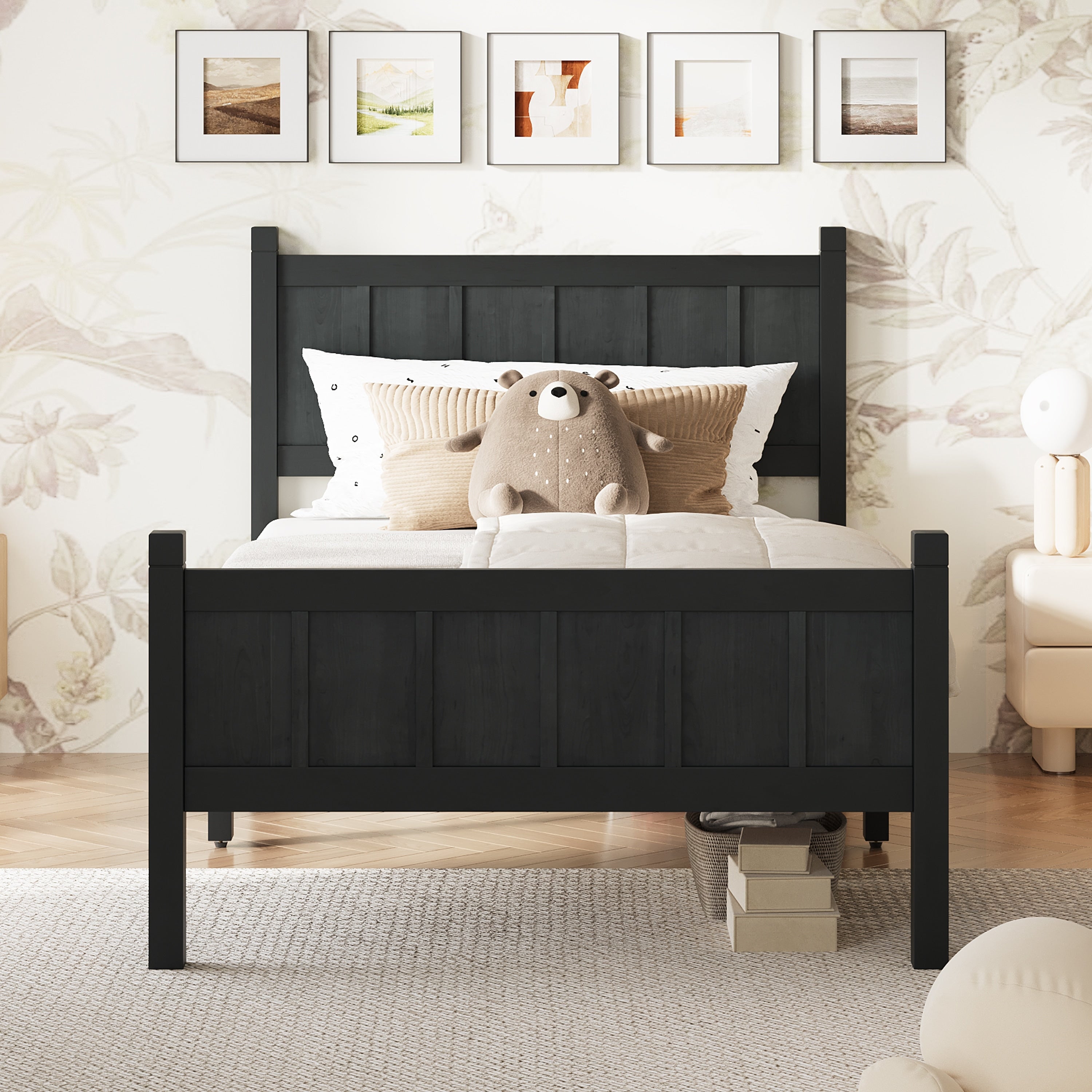 Twin Size Flat Panel Bed With Headboard Footboard Minimalist Modern Platform Bed With Wood Grain Finish