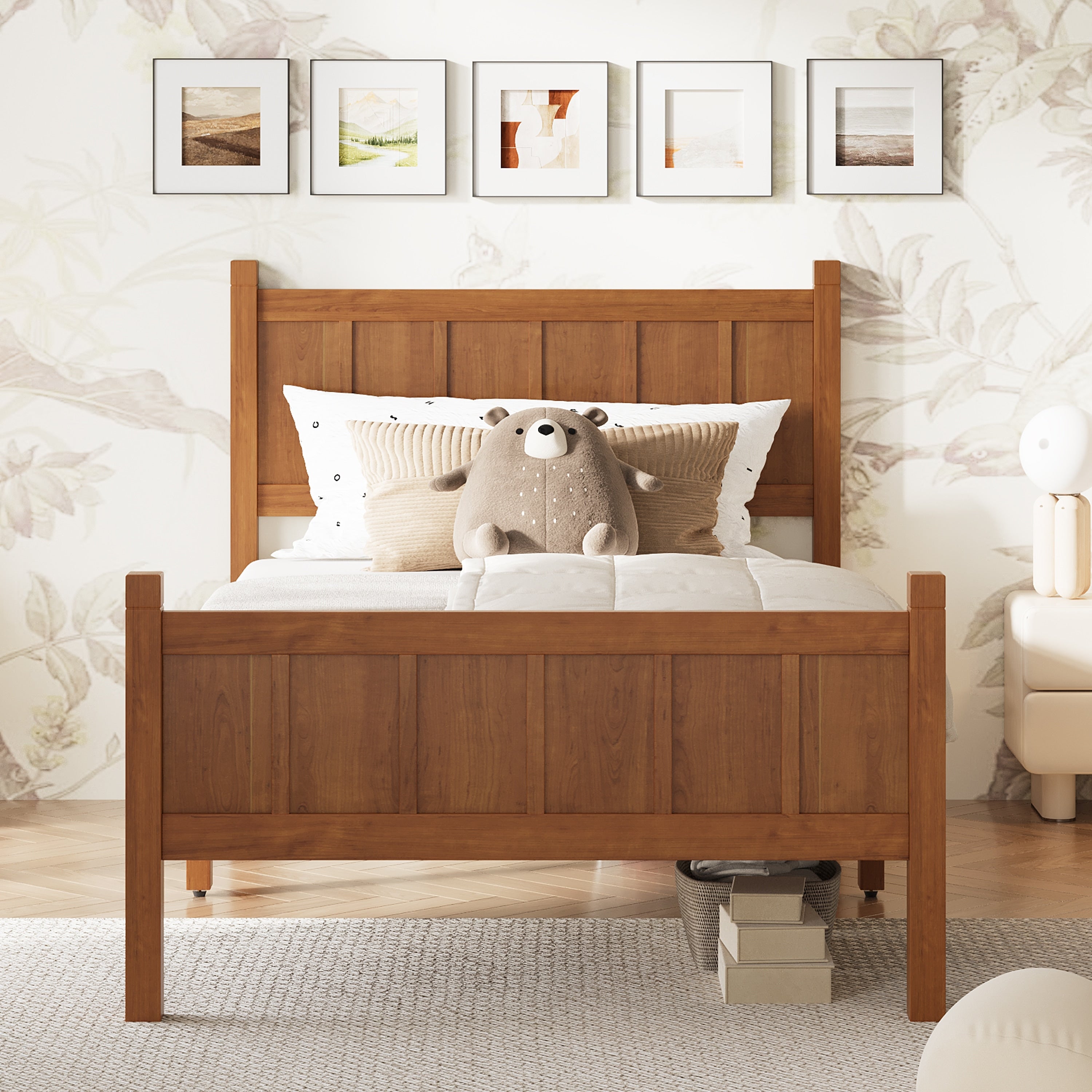Twin Size Flat Panel Bed With Headboard Footboard Minimalist Modern Platform Bed With Wood Grain Finish
