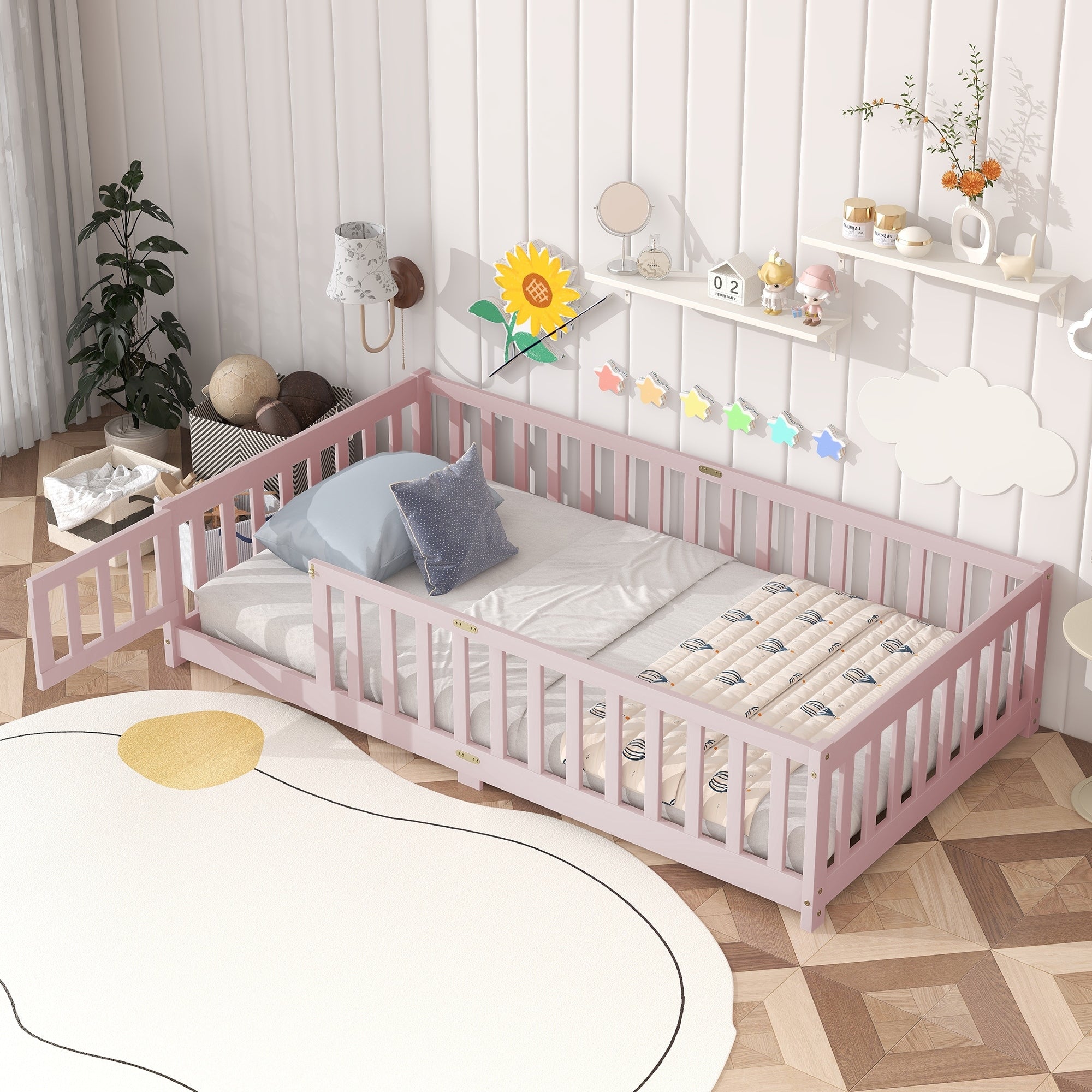 Twin Size Floor Bed With Fence And Door Rubber Wood Floor Bed With Safety Guardrails
