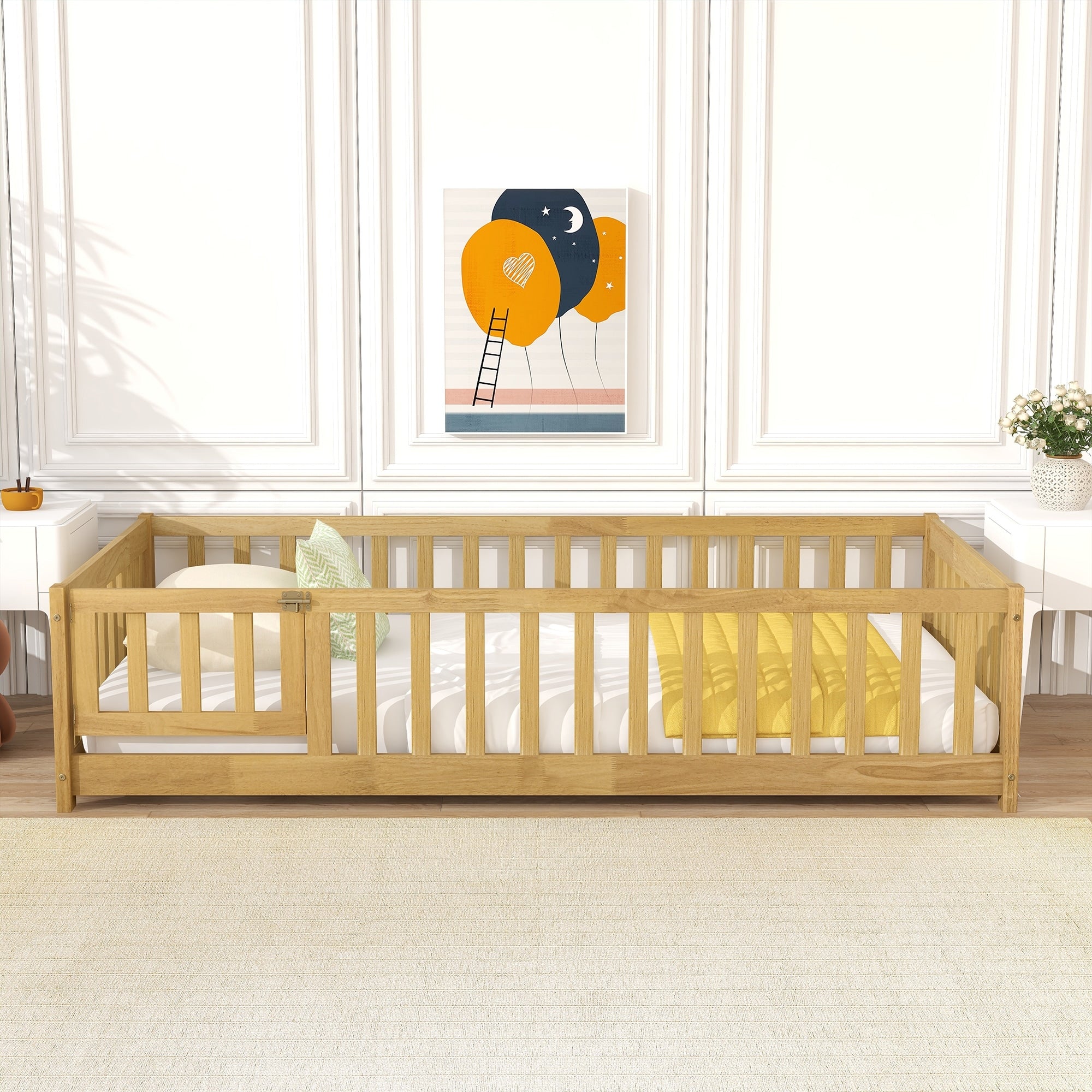 Twin Size Floor Bed With Fence And Door Rubber Wood Floor Bed With Safety Guardrails Natural