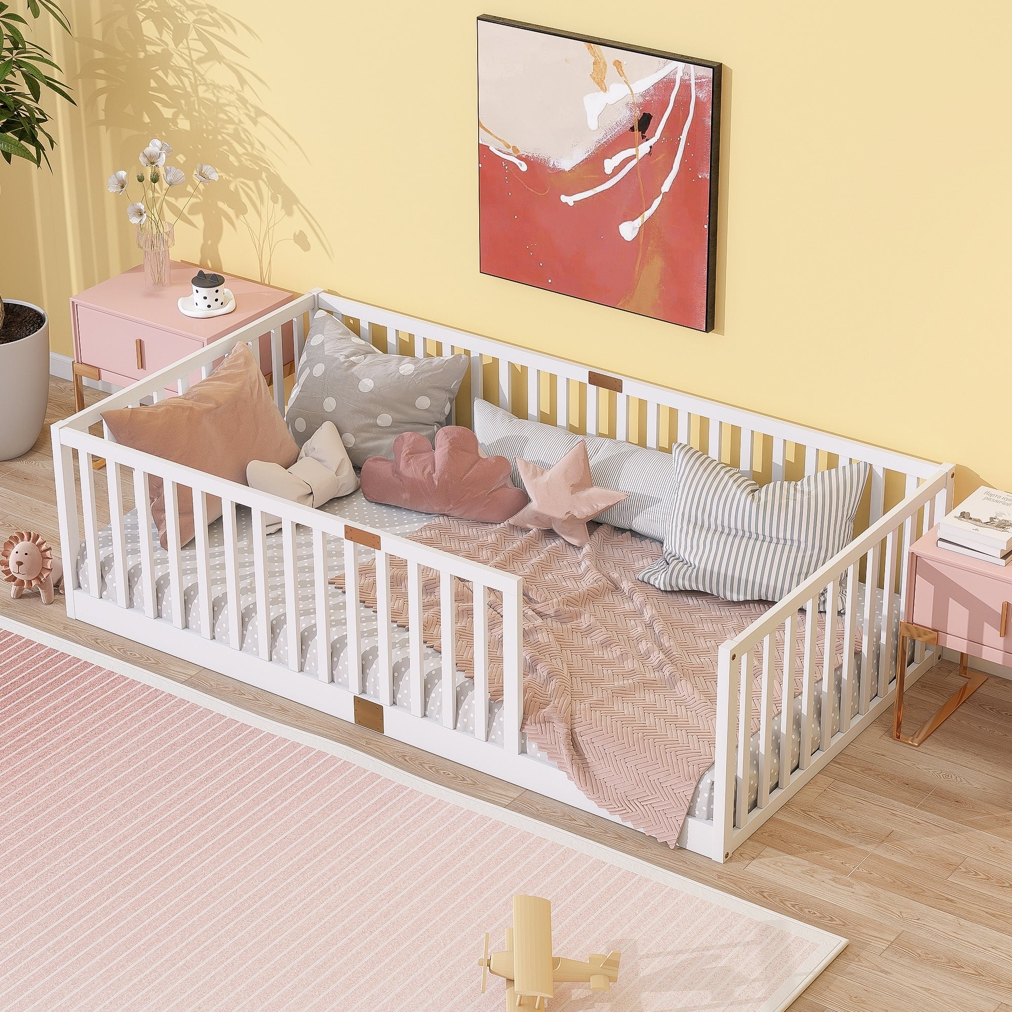 Twin Size Floor Bed With High Fence Railings 6 Slats Included Rubber Wood Floor Bed With Safety Guardrails Without Door