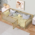 Twin Size Floor Bed With High Fence Railings With Door Rubber Wood Floor Bed With Safety Guardrails