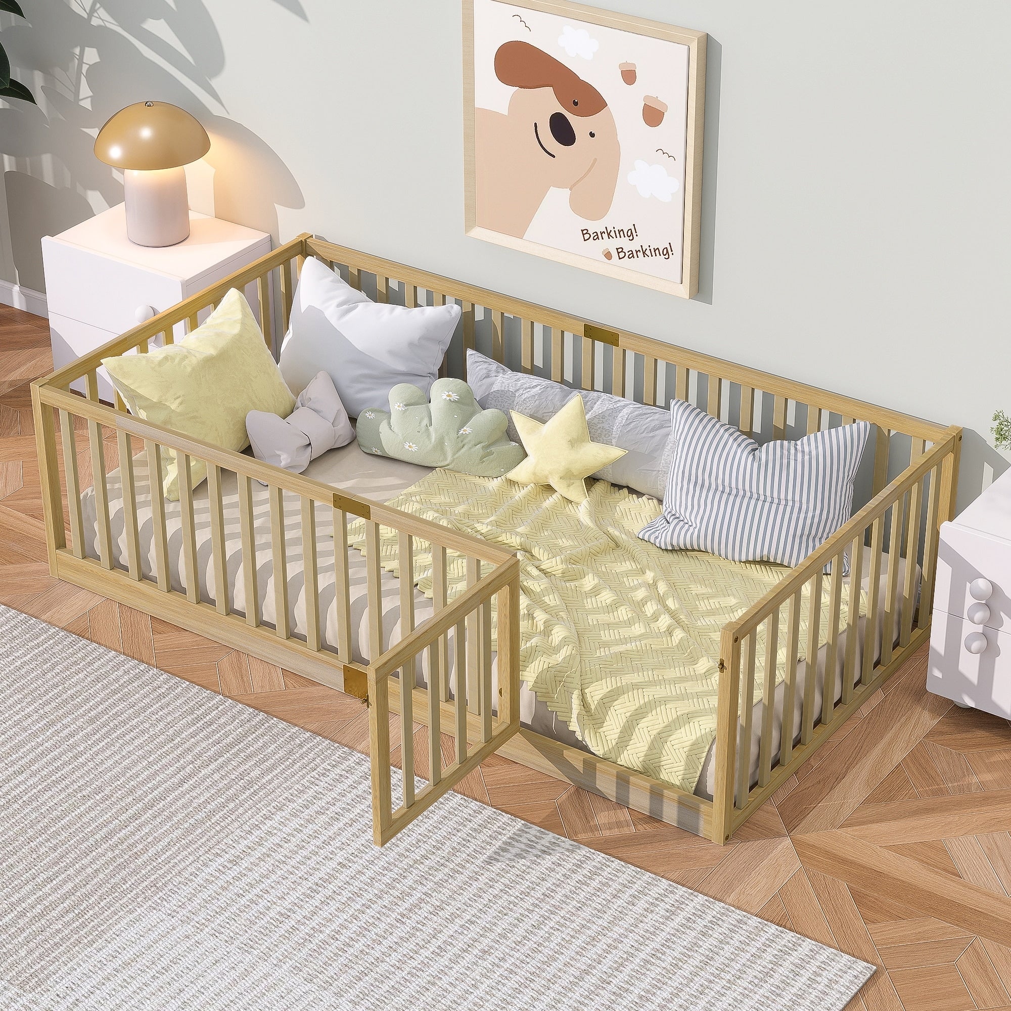 Twin Size Floor Bed With High Fence Railings With Door Rubber Wood Floor Bed With Safety Guardrails