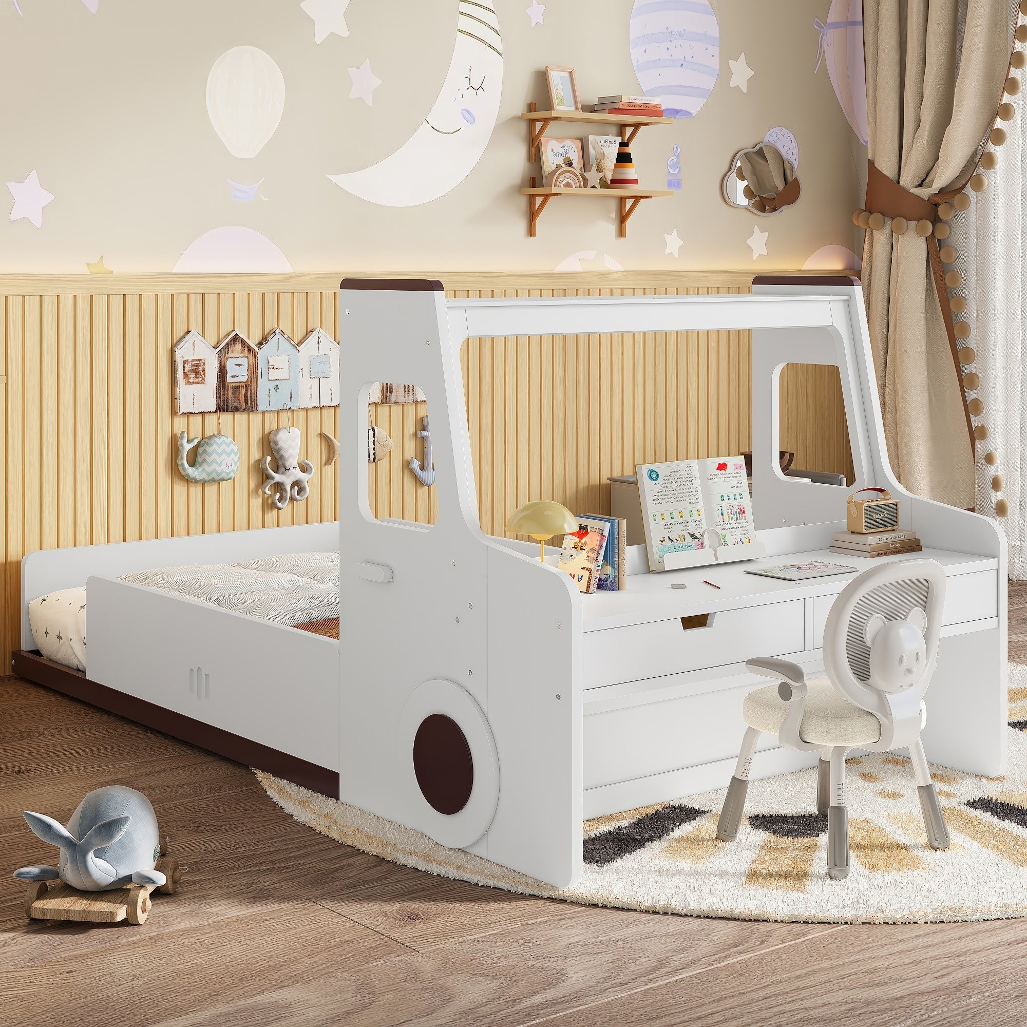 Twin Size Floor Bed With Interesting Car Shape Design Kids Car Floor Bed With Storage Drawers Window