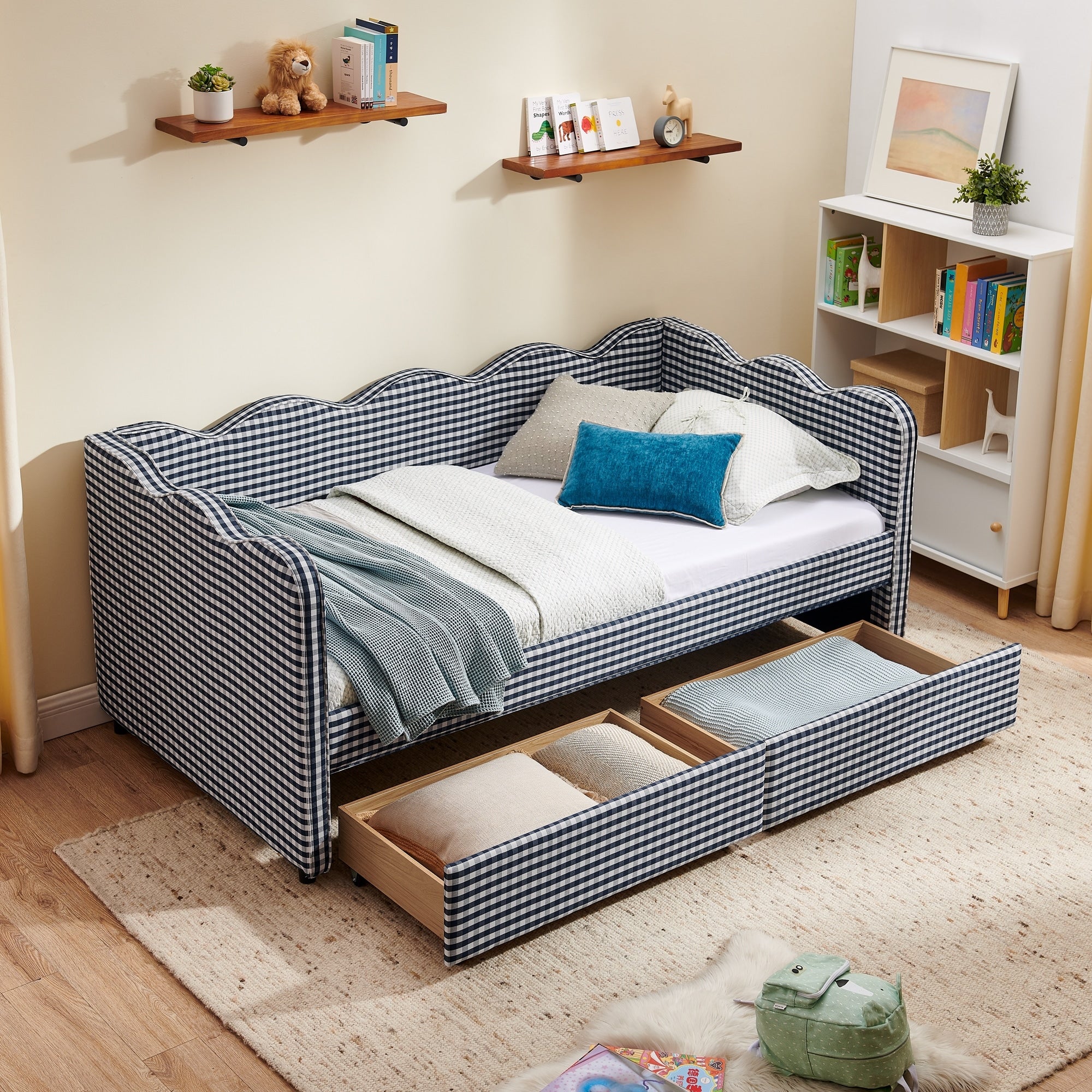 Twin Size Gingham Linen Upholstered Daybed With 2 Storage Drawers Usb Charging Station Waved Arms
