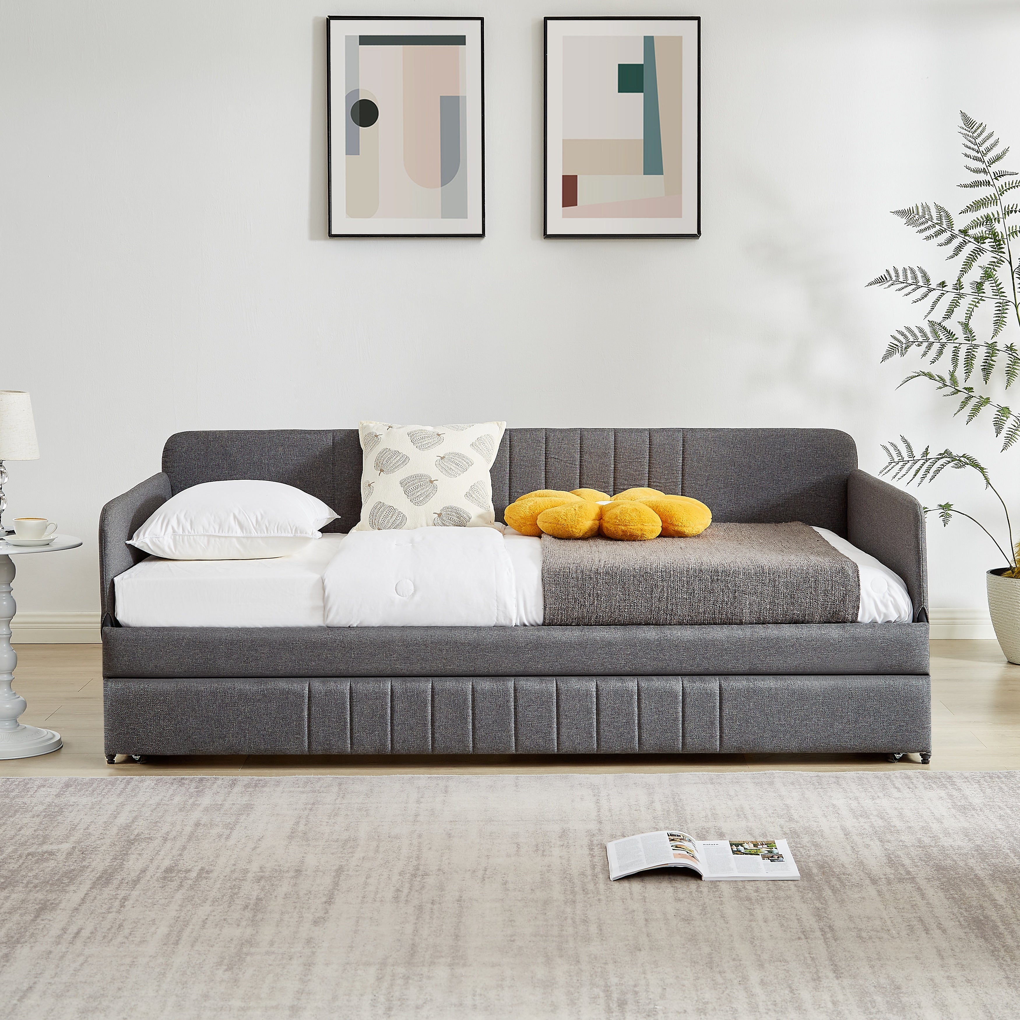 Twin Size Grey Daybed Sofa Bed Frame With Trundle Bed