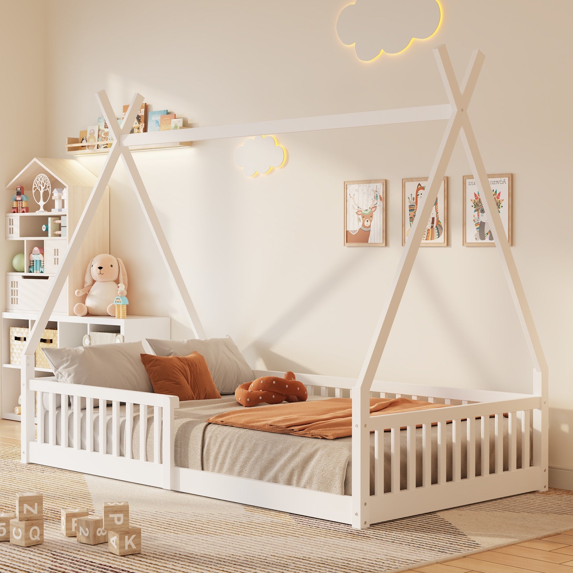 Twin Size House Bed With Fence And Diy Play Space