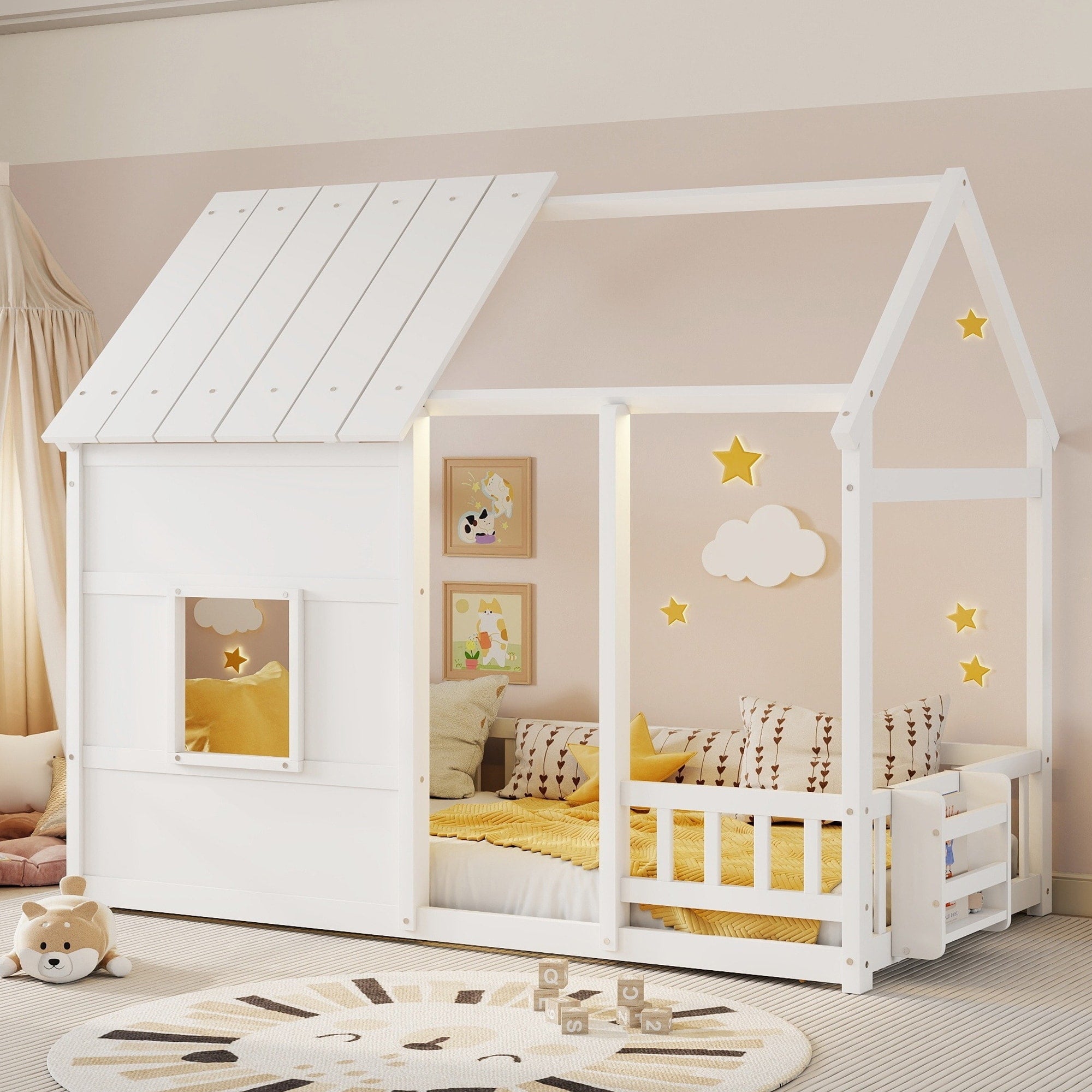 Twin Size House Floor Bed With Led Lights Bookshelf And Roof Design