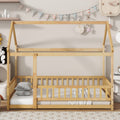 Twin Size House Floor Wooden Bed With Roof Frame Safety Guardrails Natural