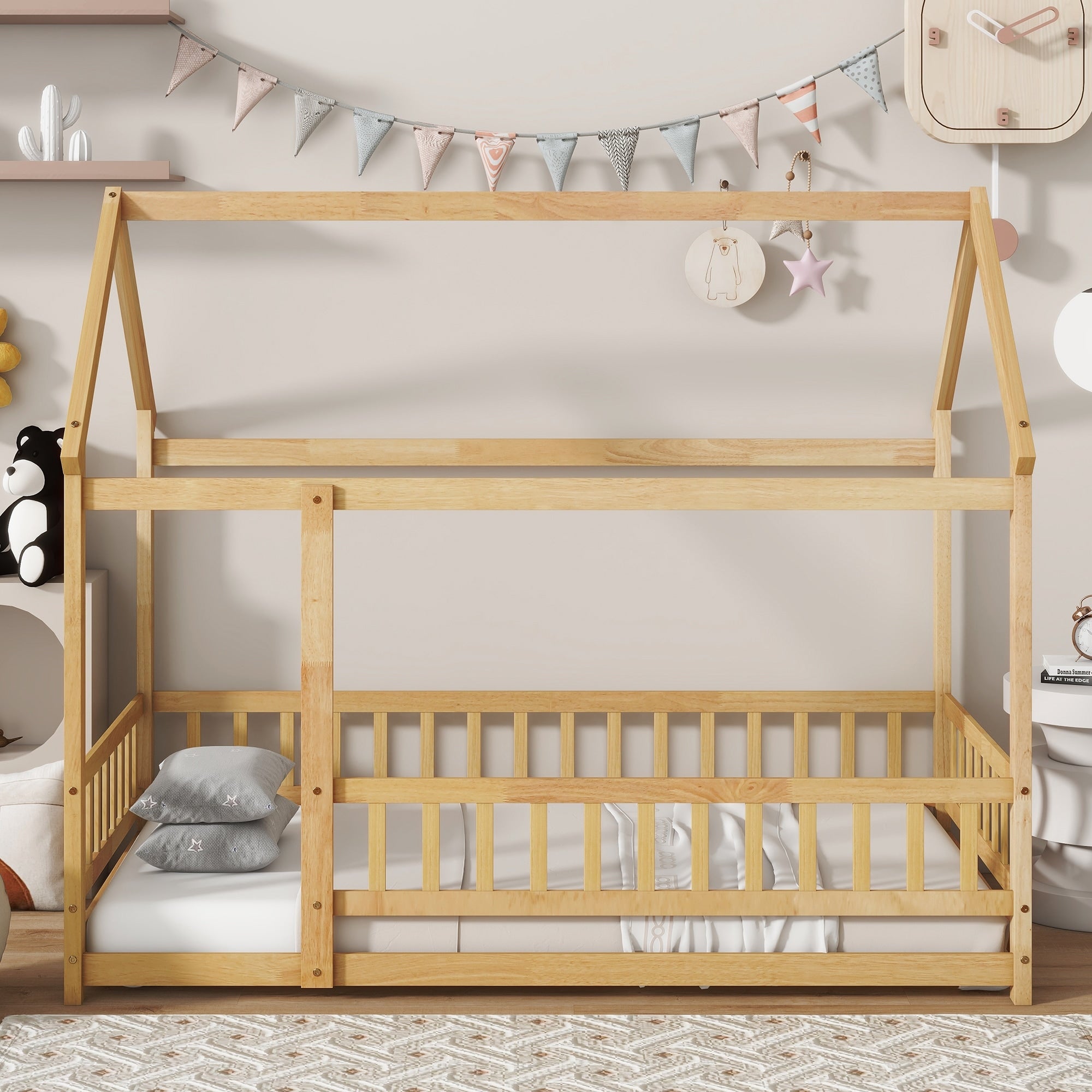 Twin Size House Floor Wooden Bed With Roof Frame Safety Guardrails Natural