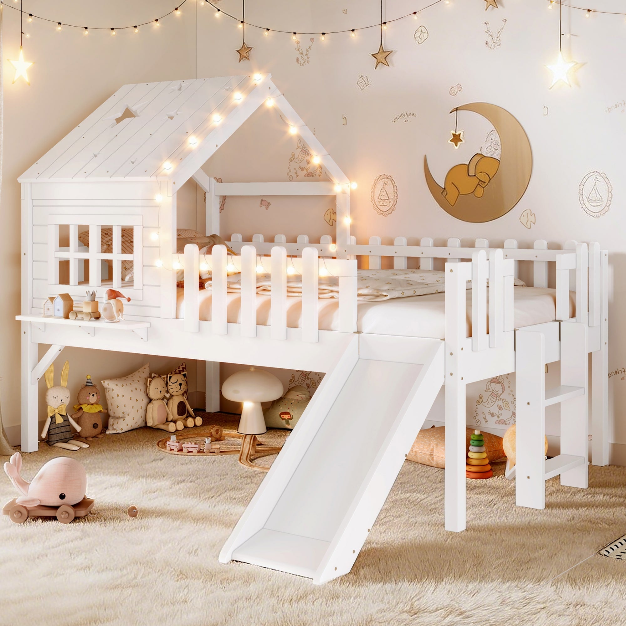 Twin Size House Loft Bed With Slide Playhouse Bed With Star Moon Shaped Designs And Window Chic Design With Led Lights