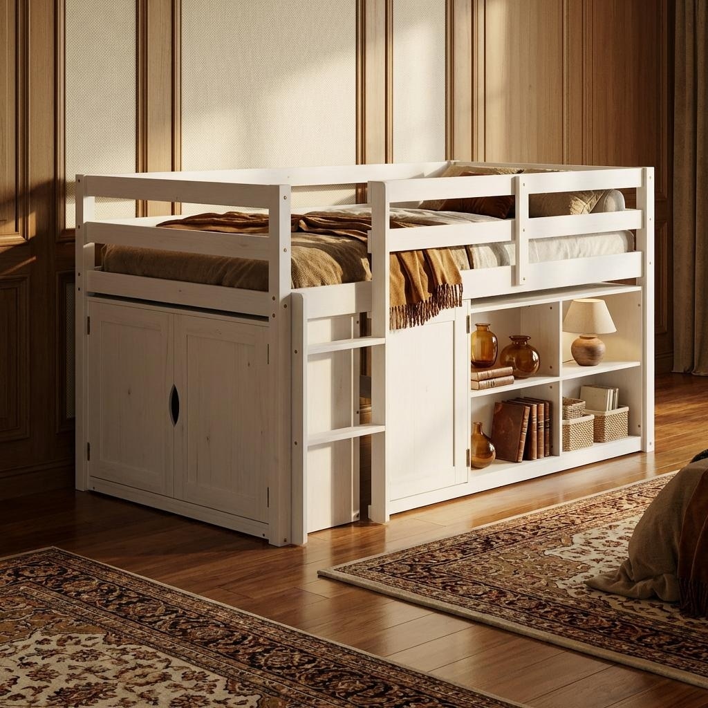 Twin Size Kids Loft Bed With Storage Wardrobe Solid Wood Pine Frame Low Loft Bed White Kids Storage Bed