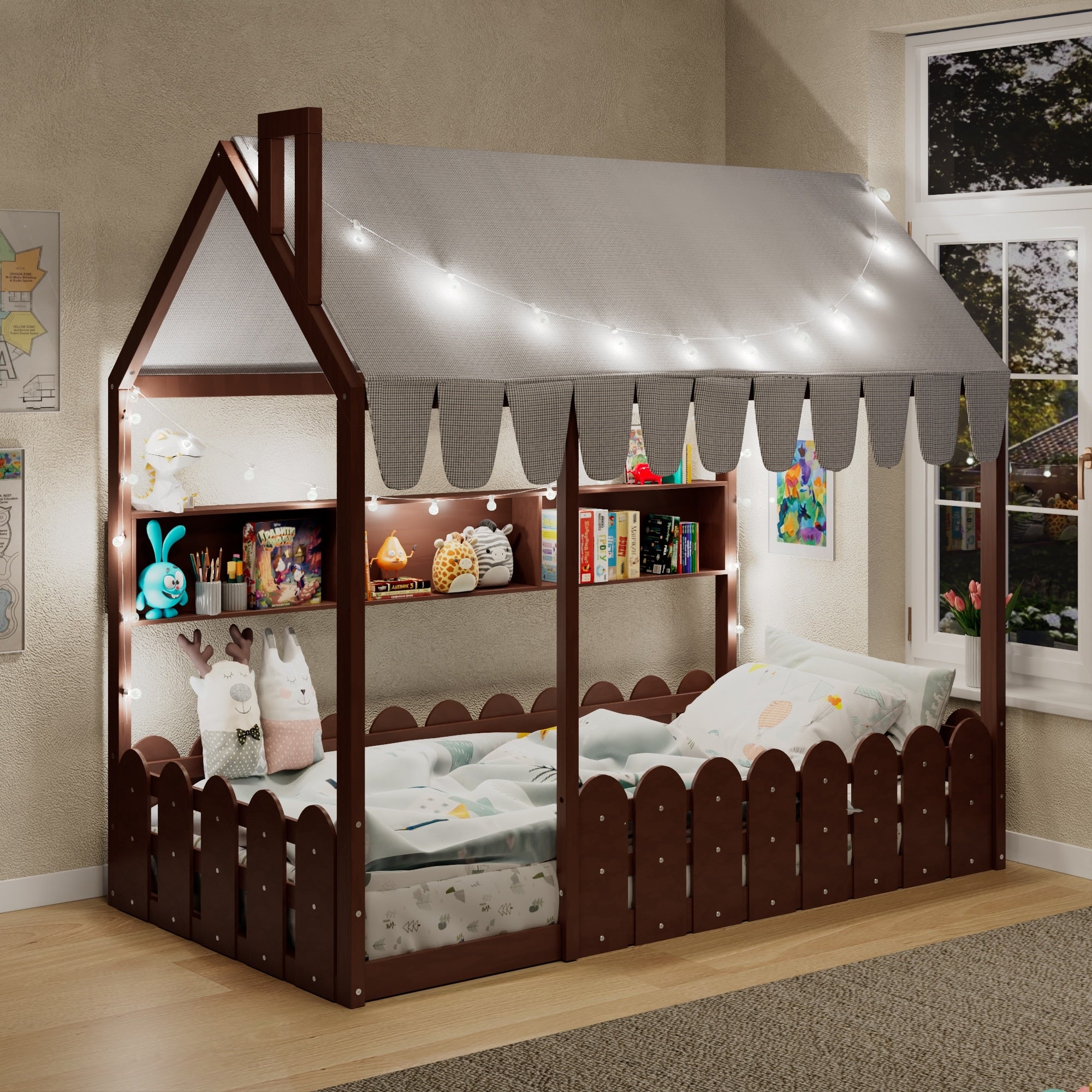 Twin Size Kids Montessori House Bed Floor Design With Fence Tent Lights 3 Shelves Espresso