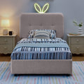 Twin Size Kids Upholstered Bed With Oversized Headboard Led Light 4 Storage Drawers Boucle Fabric