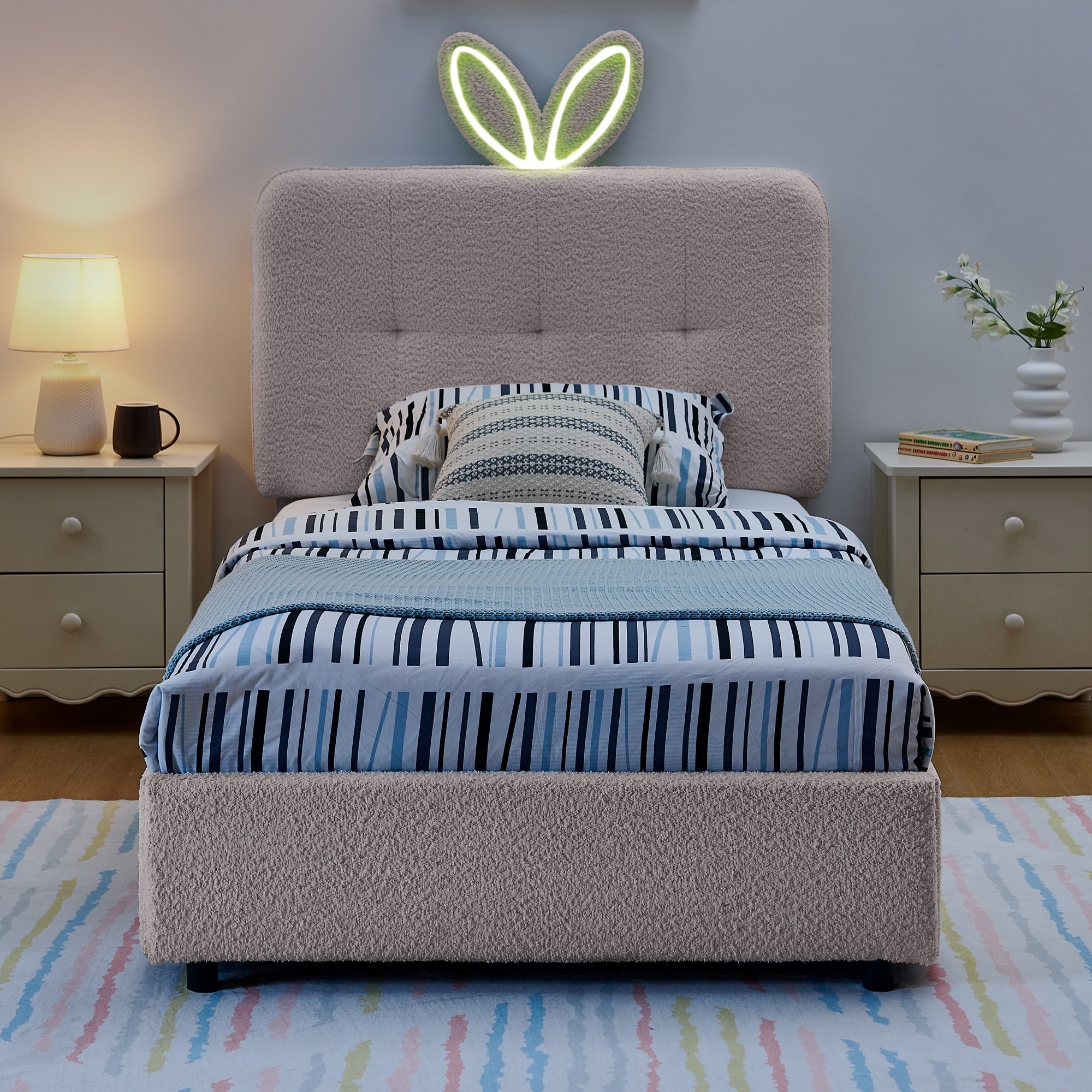 Twin Size Kids Upholstered Bed With Oversized Headboard Led Light 4 Storage Drawers Boucle Fabric
