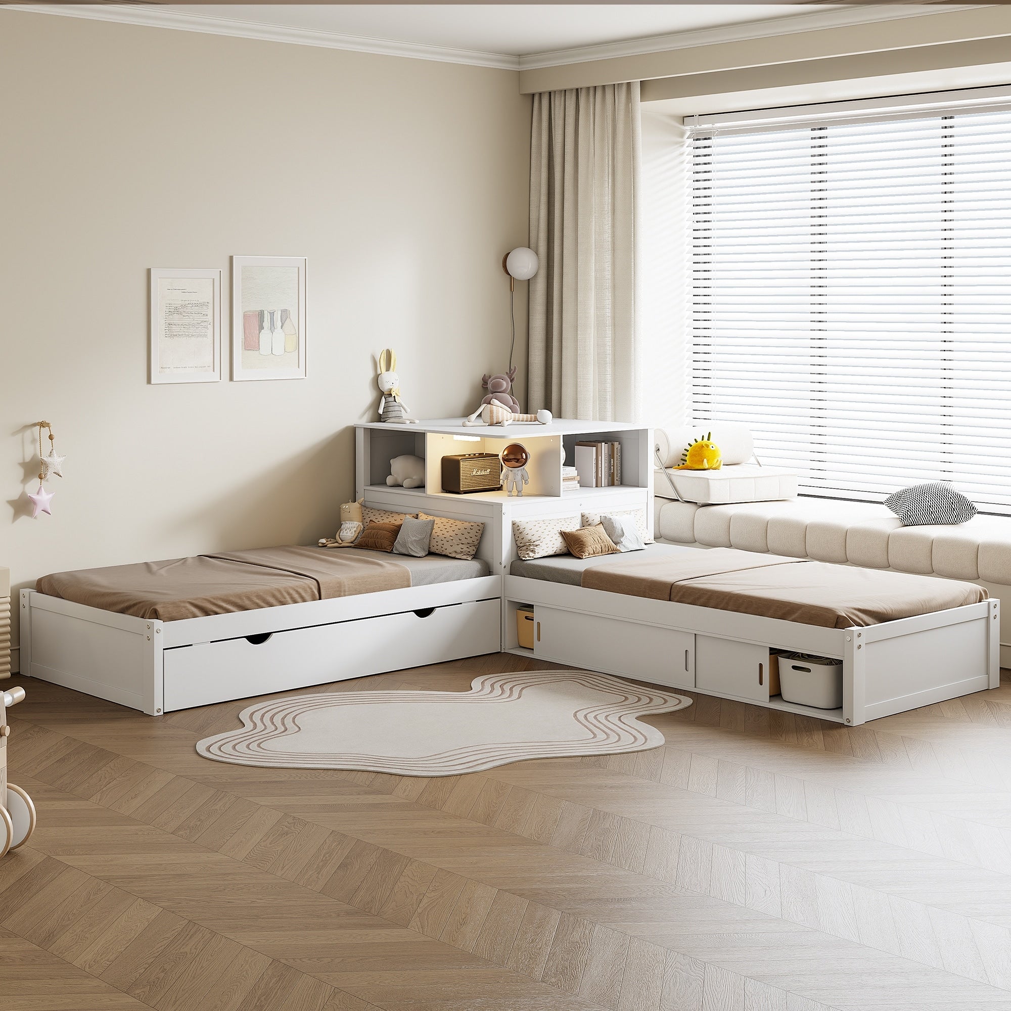 Twin Size L Shaped Platform Bed With Trundle Storage Cabinets By Harper Bright Designs