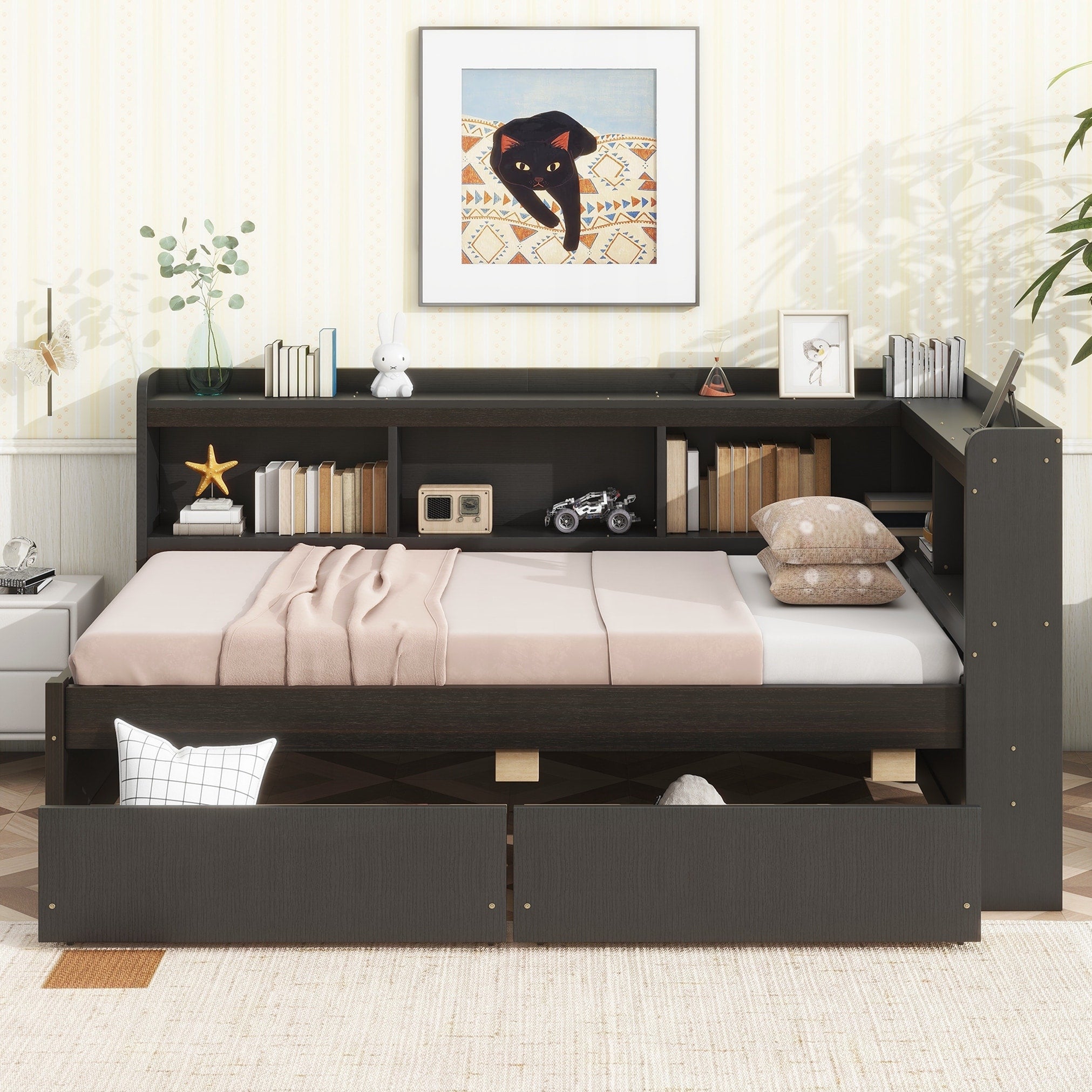 Twin Size L Shaped Bookcases Bed With Power Outlets Usb Charging Ports Two Drawers