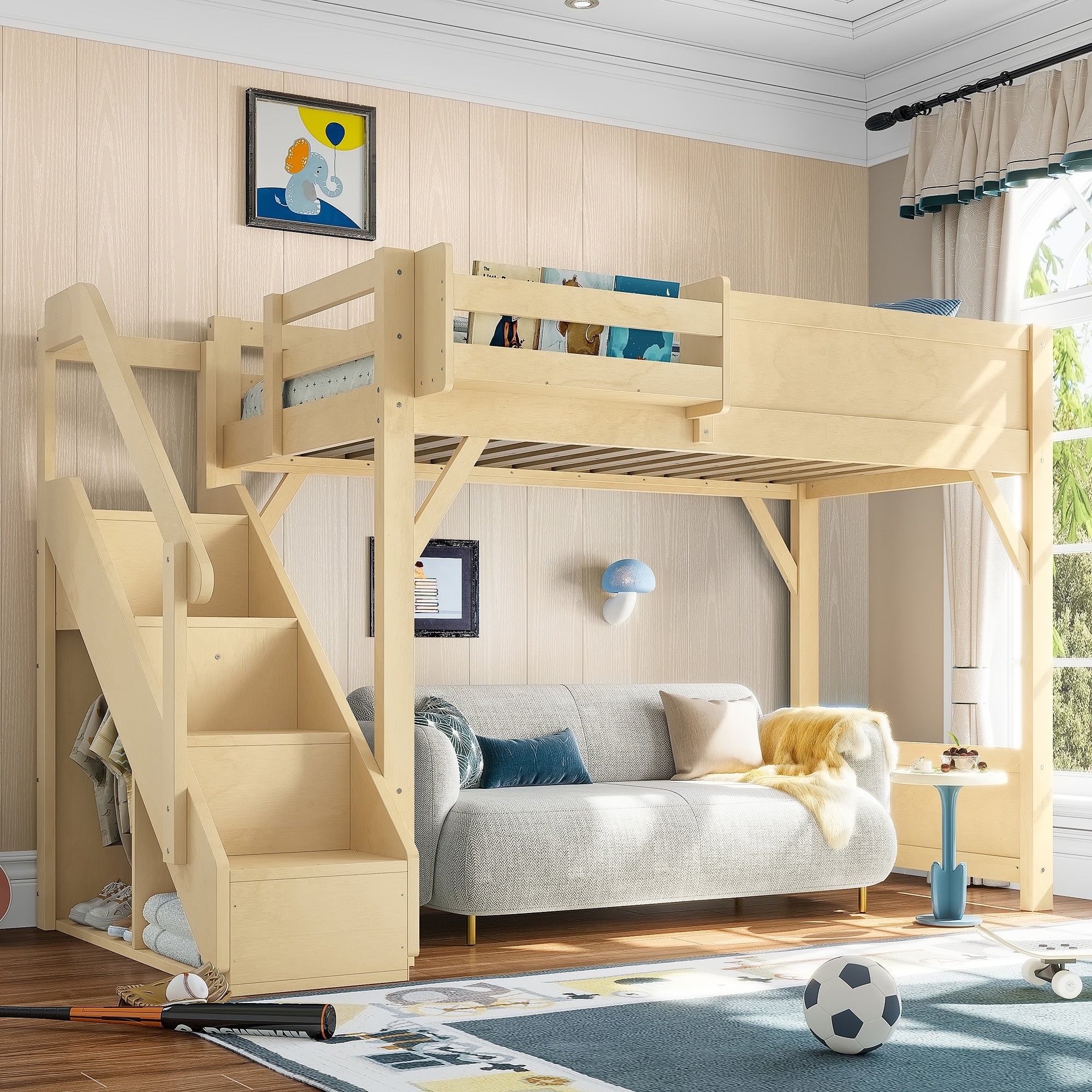 Twin Size Loft Bed With Built In Wardrobe And Storage Space Loft Bed With Beside Shelves Full Length Guardrails And Stairs