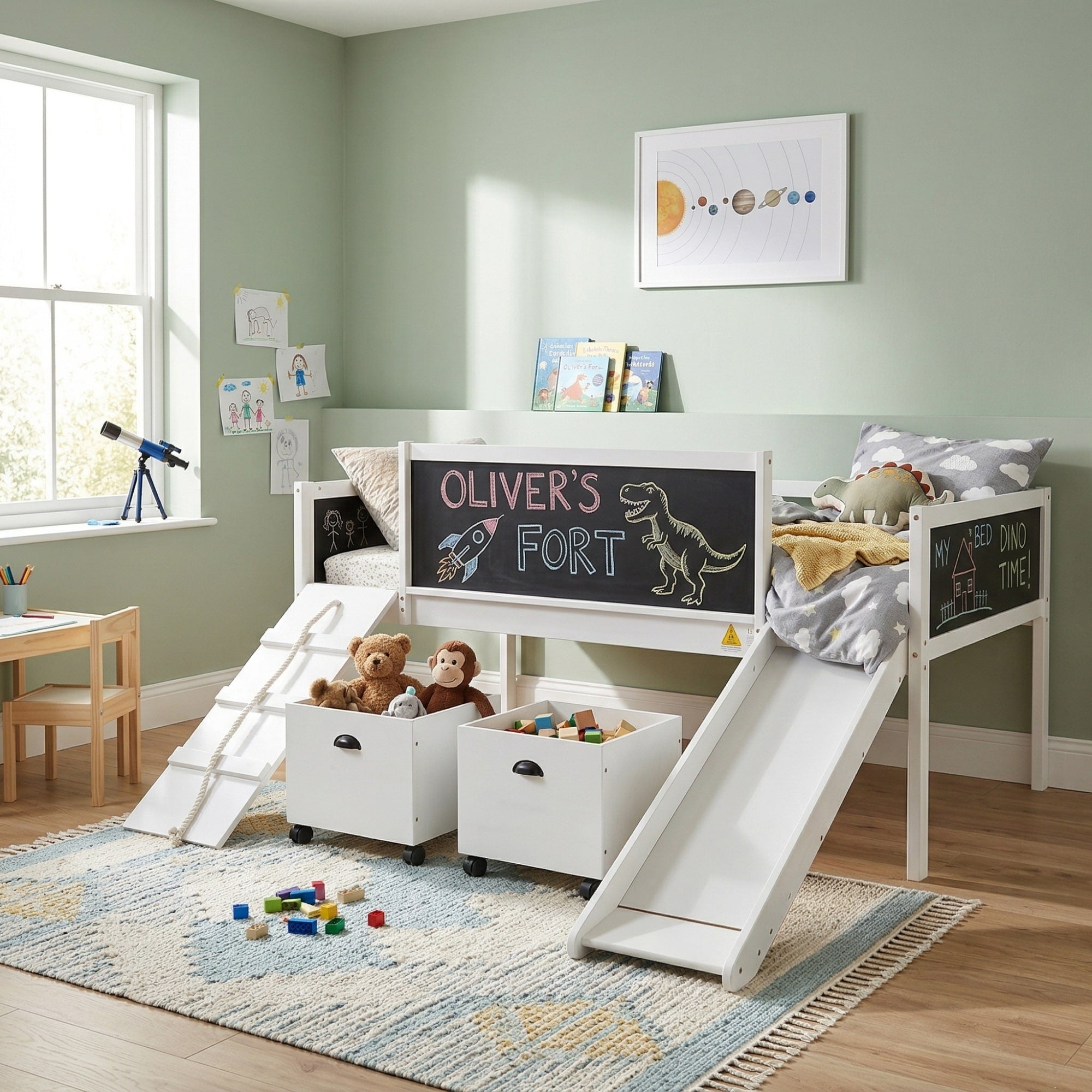Twin Size Loft Bed With Climbing Frame And Two Storage Boxes