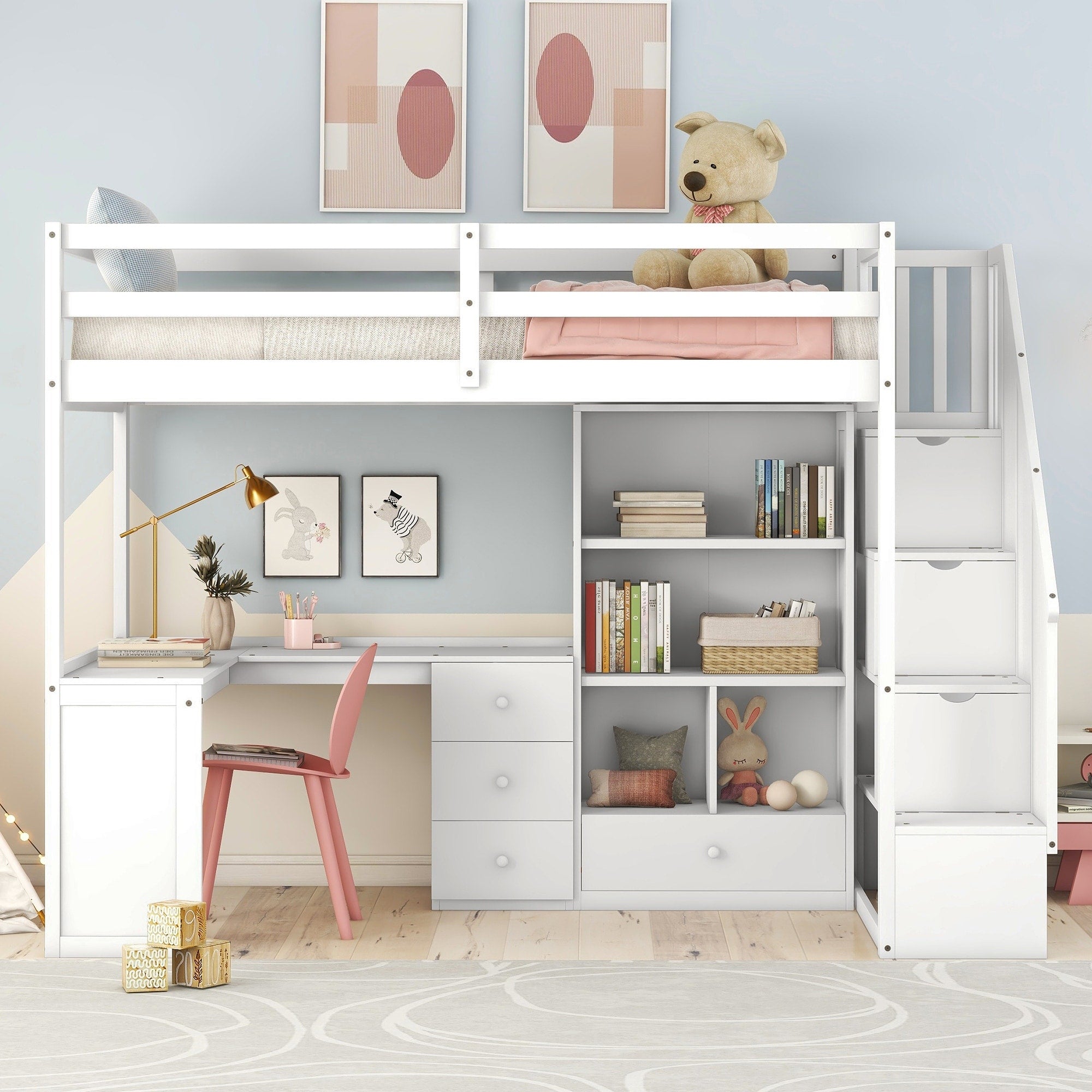 Twin Size Loft Bed With L Shaped Desk And Drawers Cabinet And Storage Staircase