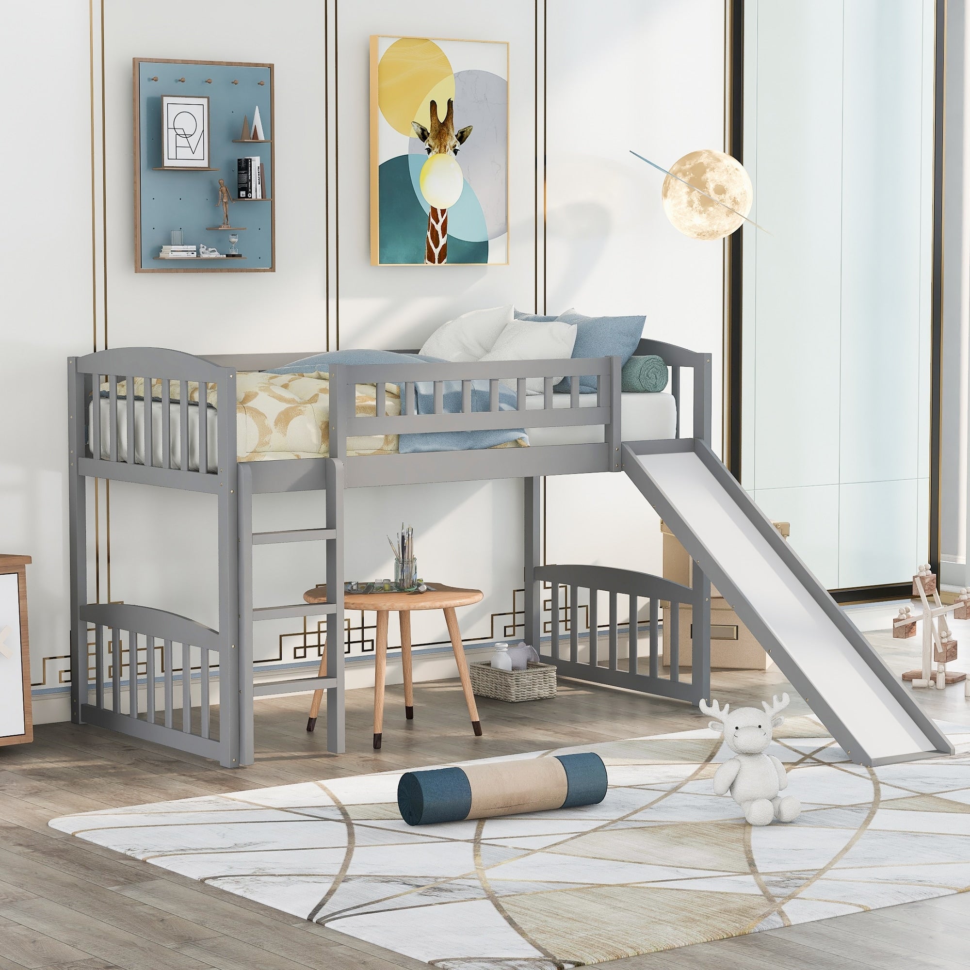 Twin Size Loft Bed With Slide And Ladder For Kids