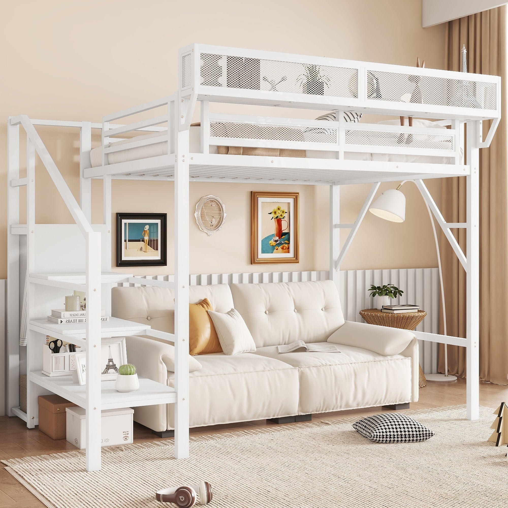 Twin Size Loft Bed With Stairs Metal Full Loft Bed With Storage Shelves High Loft Bed With Wardrobe For Kids Teens