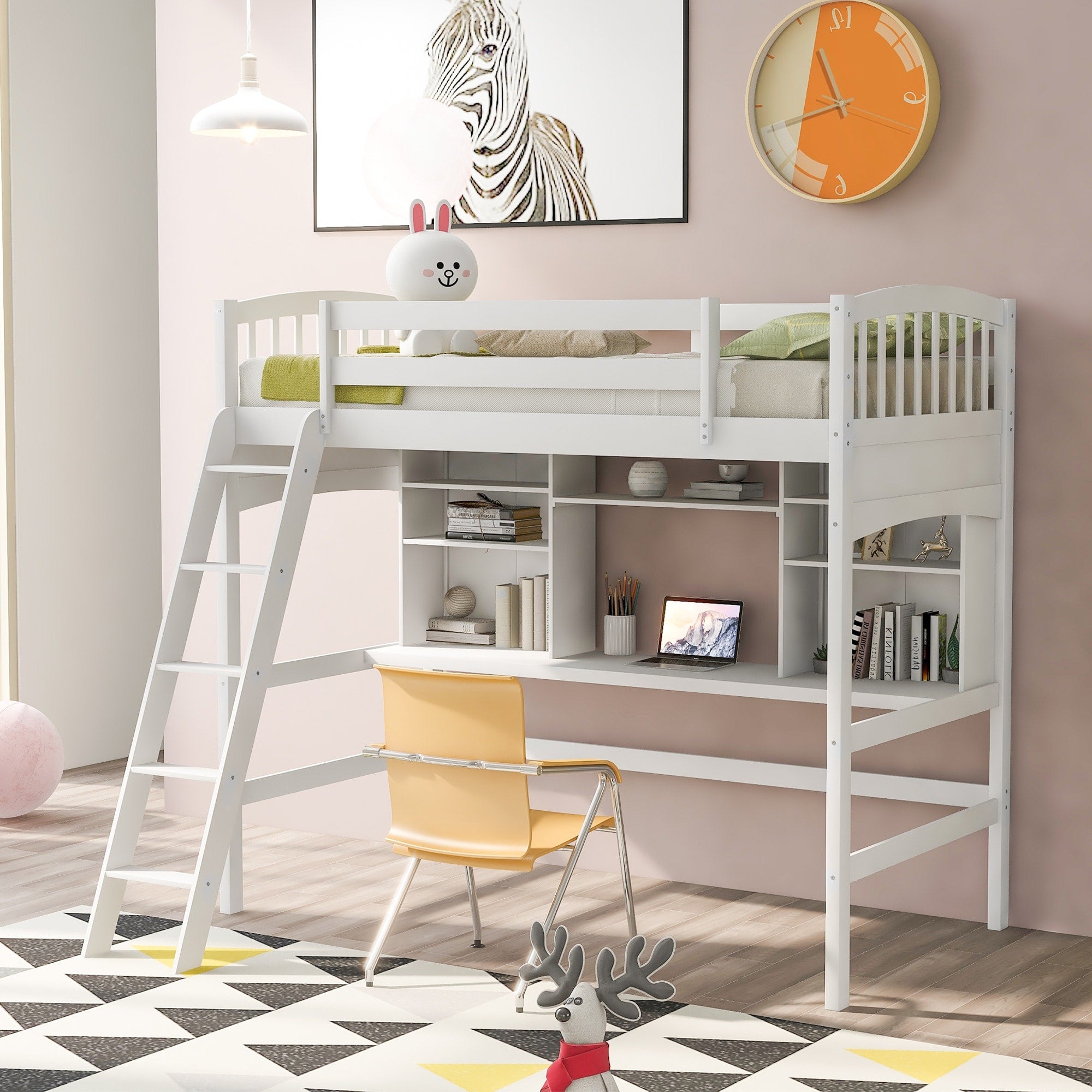 Twin Size Loft Bed With Storage Shelves Desk And Ladder