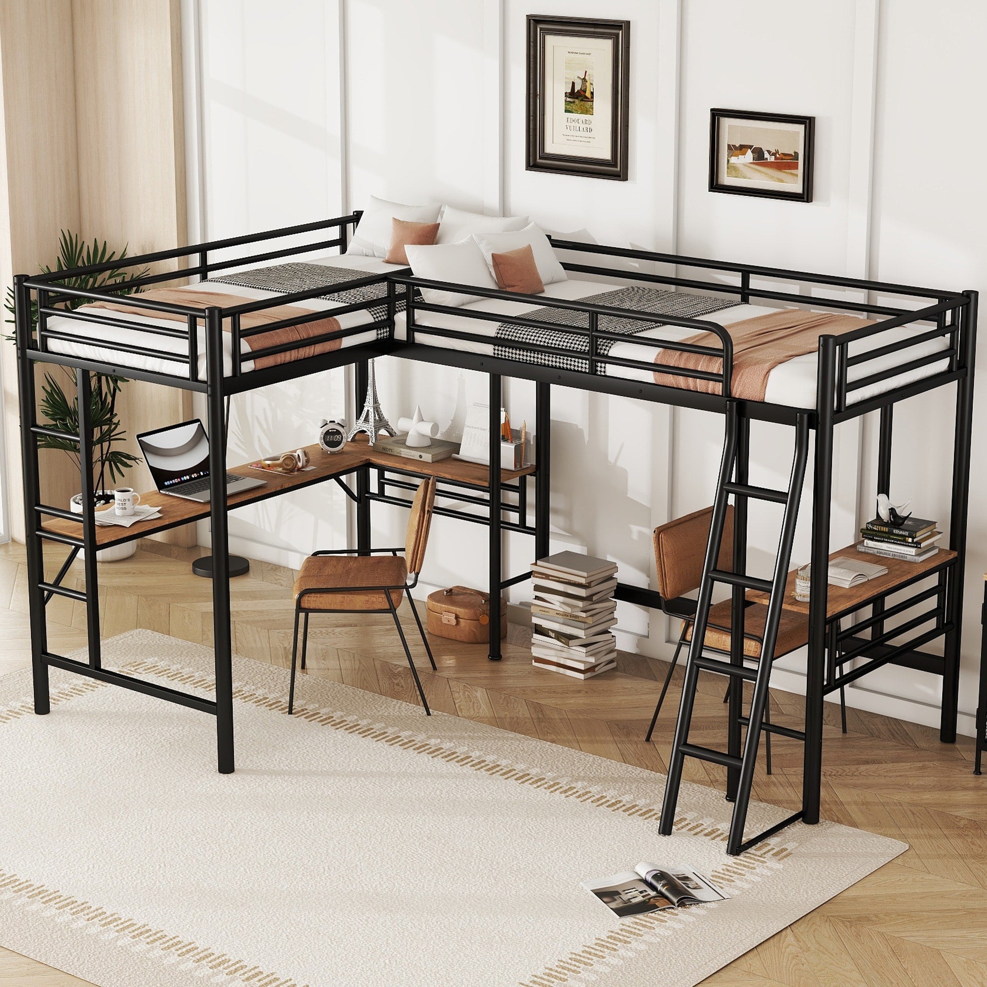 Twin Size Loft Bed With Two Desks Sturdy Frame Modern Design