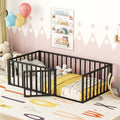 Twin Size Metal Floor Bed Frame With Fence And Door For Home Office