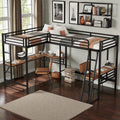 Twin Size Metal L Shaped Loft Bed With Two Built In Desks Black Space Saving Study Workstation Loft Frame