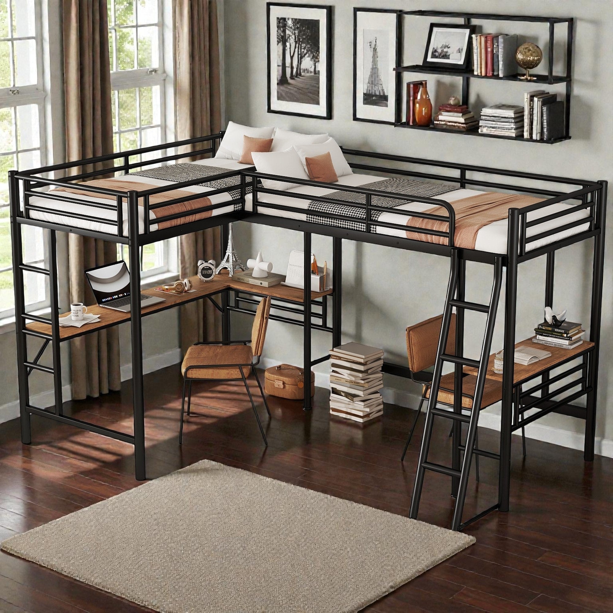 Twin Size Metal L Shaped Loft Bed With Two Built In Desks Black Space Saving Study Workstation Loft Frame