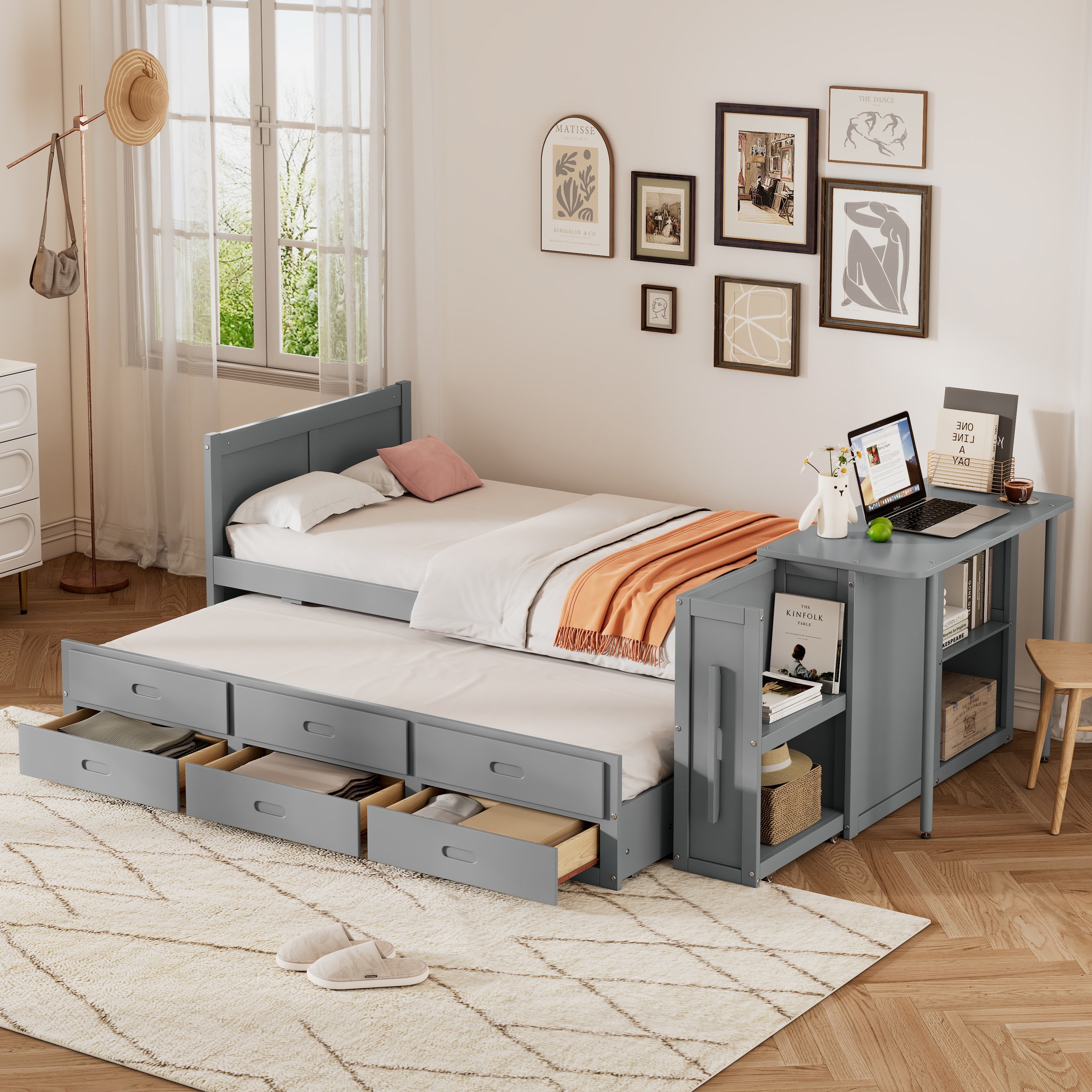 Twin Size Multifunctional Wood Platform Bed With Desk And Storage Shelf At The End Of The Bed Built In Trundle And 3 Drawers