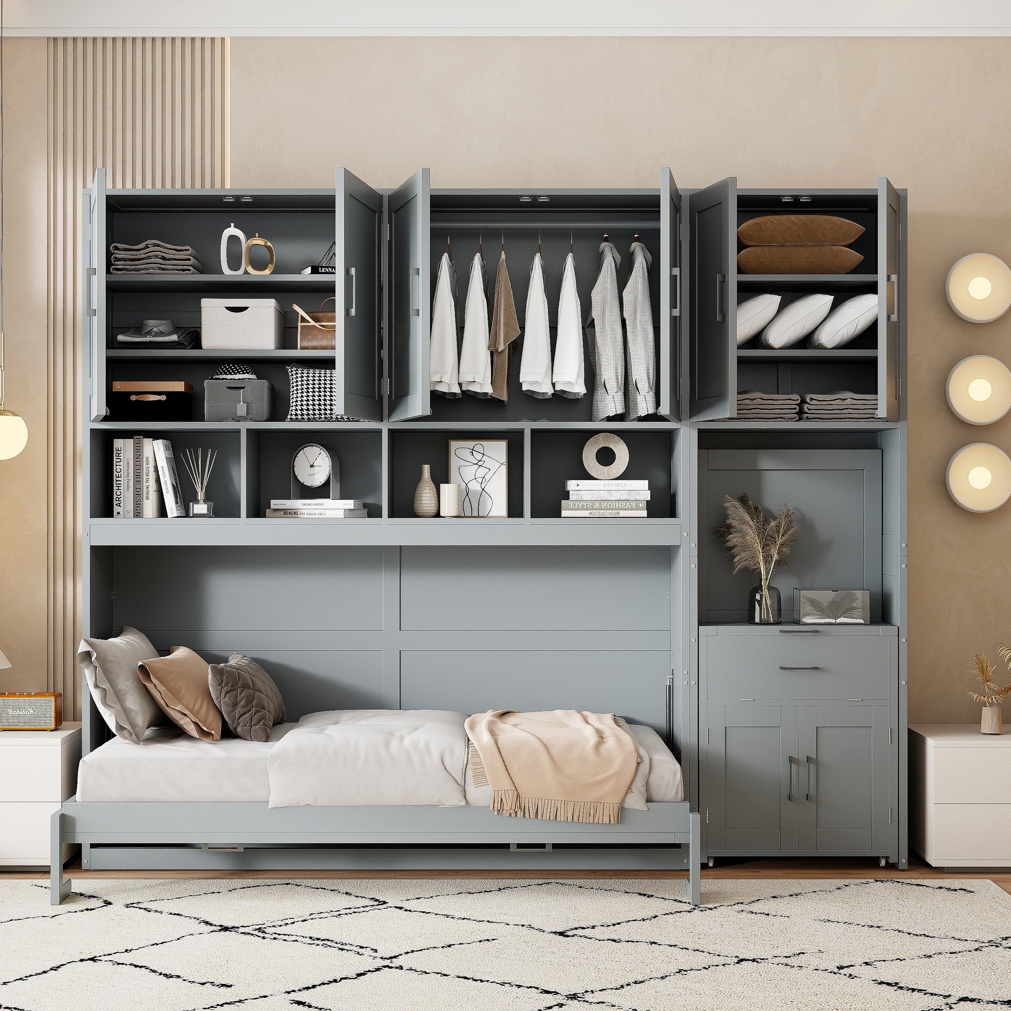 Twin Size Murphy Wall Bed With Integrated Closet Desk And Storage Drawers