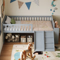 Twin Size Platform Bed With Slide Ladder Wood Frame With Storage Shelf Safety Guardrail