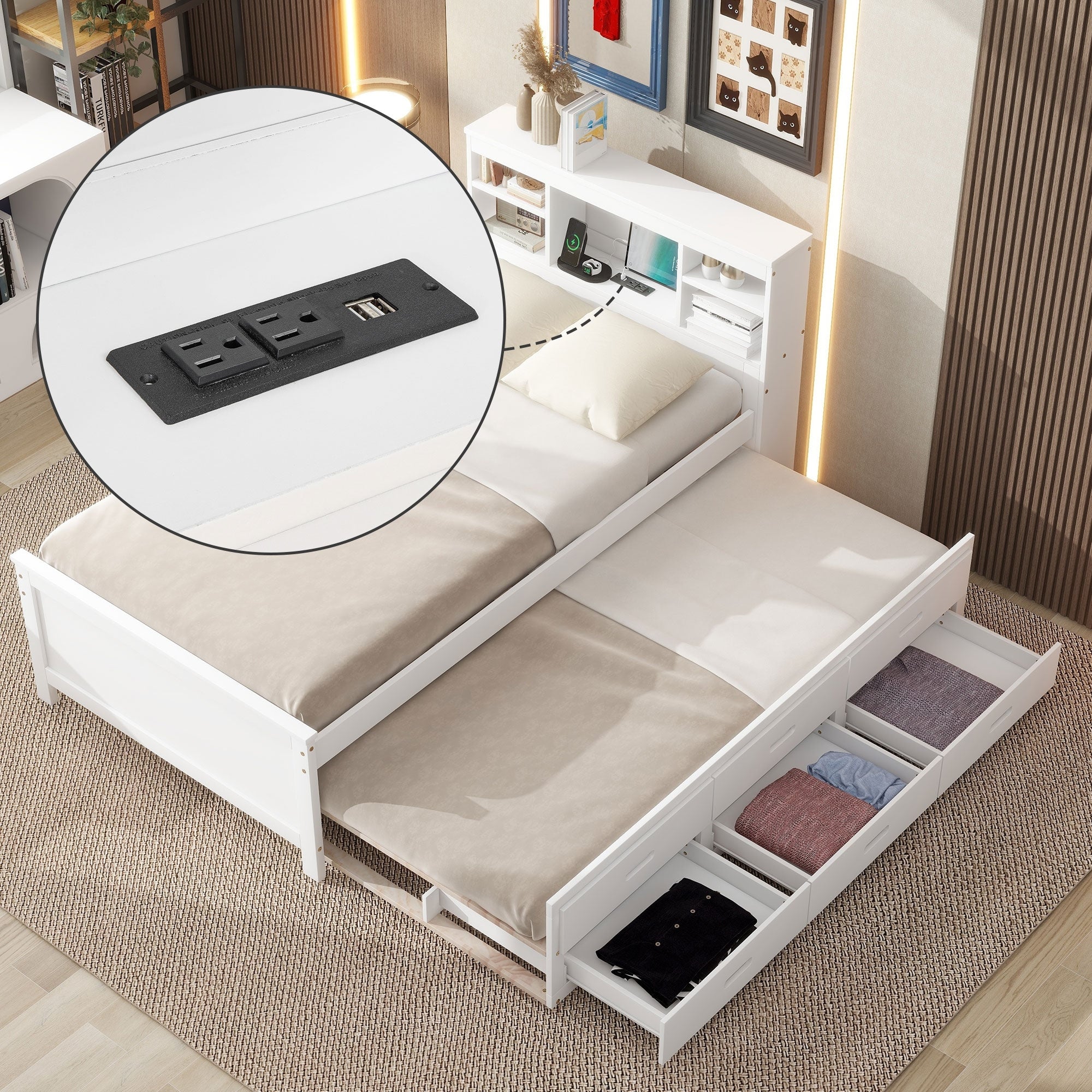 Twin Size Platform Bed With Storage Headboard Usb Twin Size Trundle And 3 Drawers