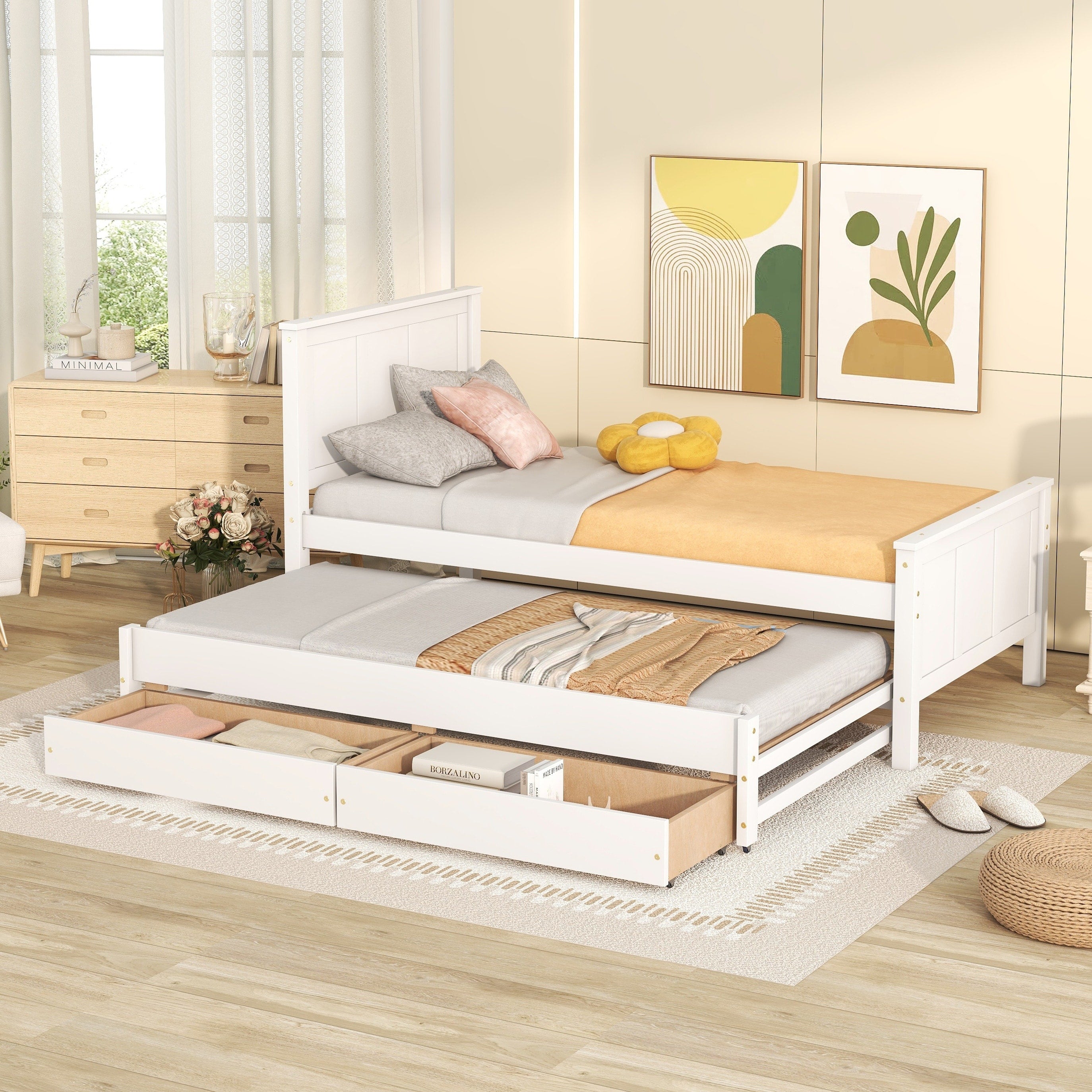 Twin Size Platform Bed With Trundle Storage Drawers No Box Spring