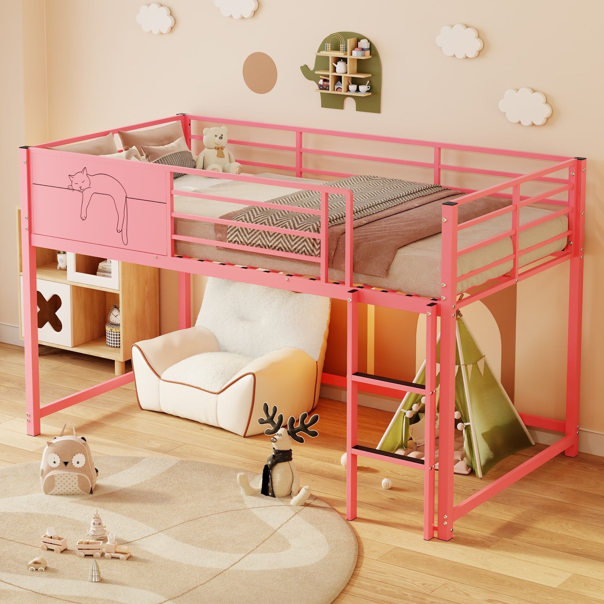 Twin Size Safety Guardrail House Bed Metal Floor Bed And Caddy Twin Bedframe For Kids No Box Spring Needed Easy Assemble Pink