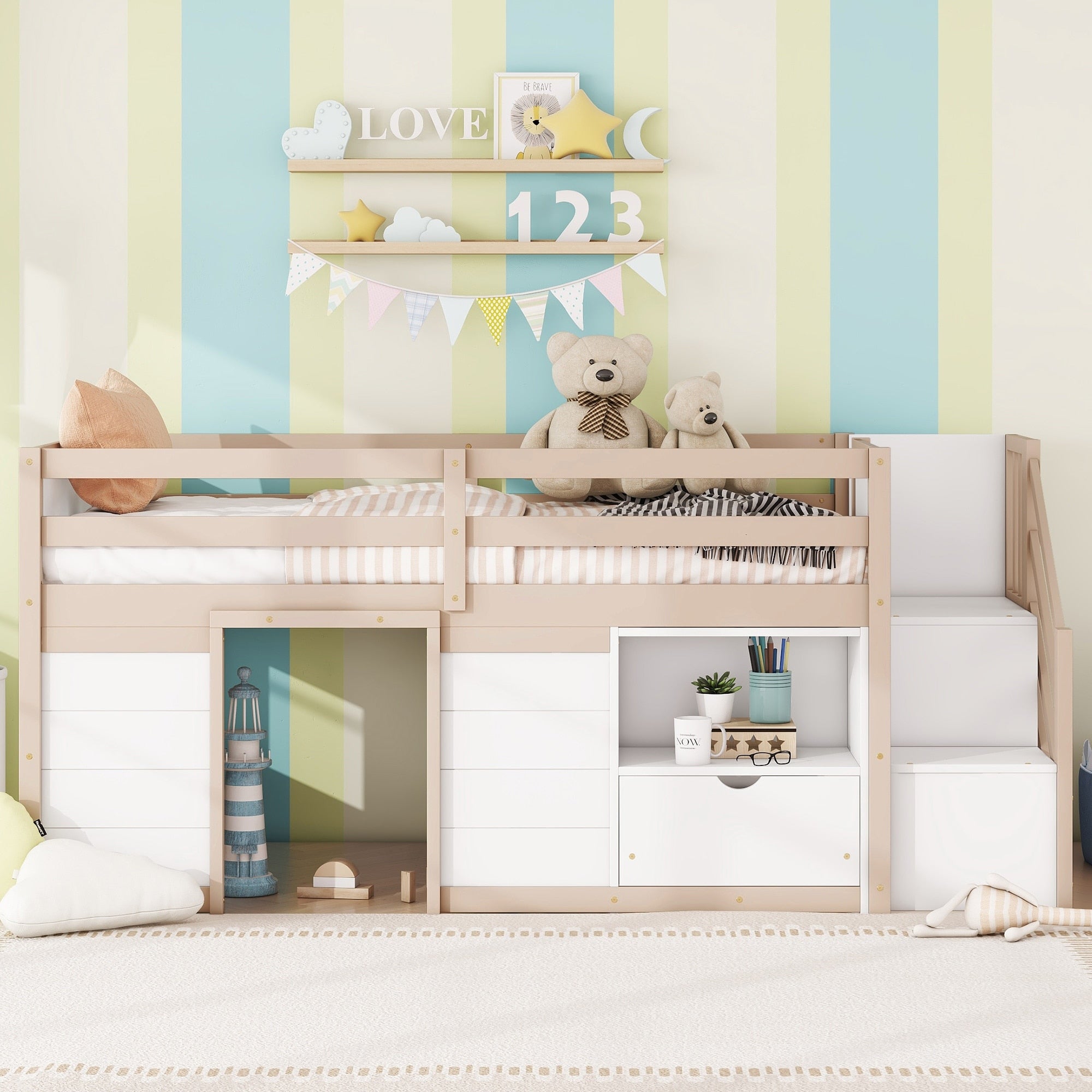 Twin Size Solid Wood Low Loft Bed With Stairs Drawers And Shelves