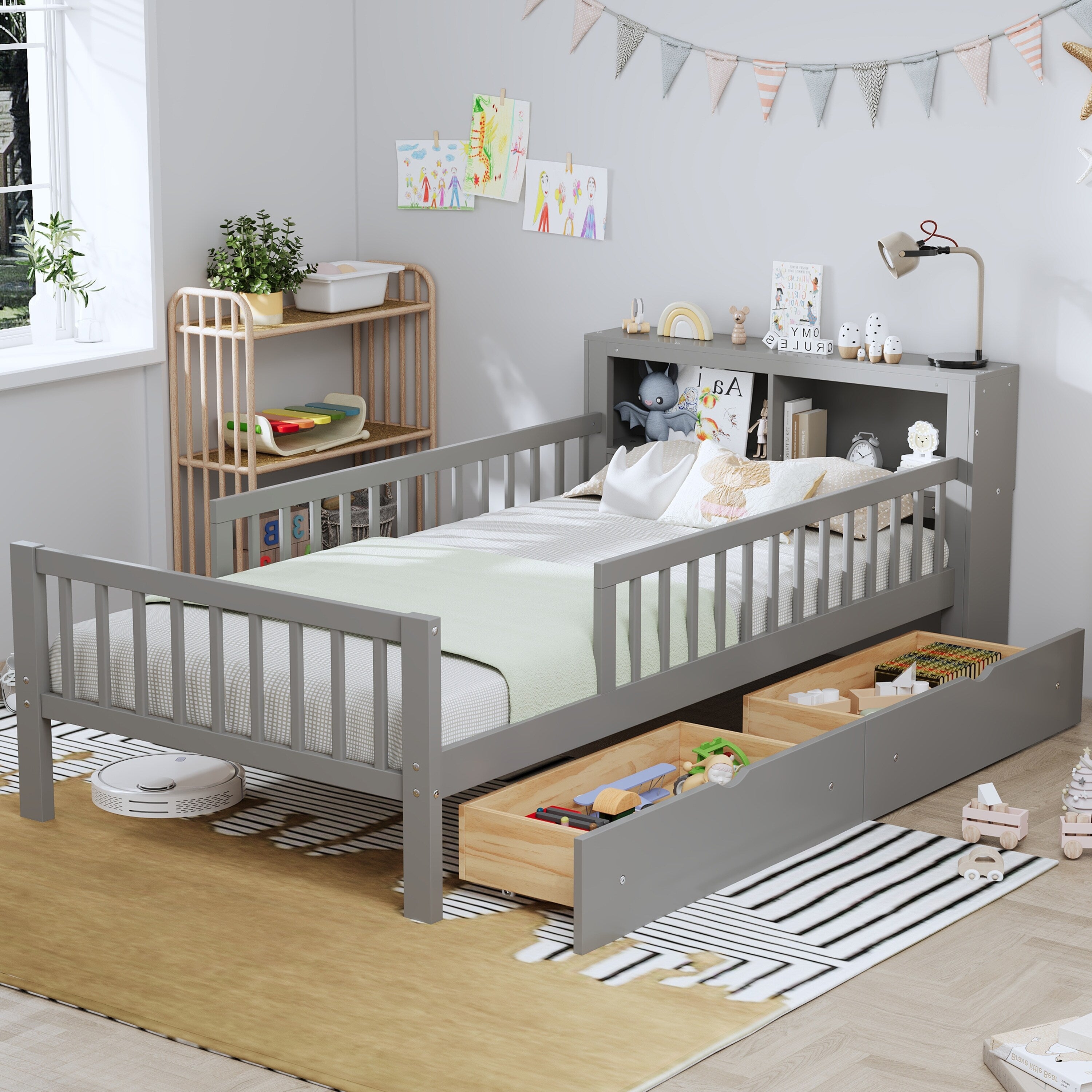 Twin Size Storage Bed With Bookcase Headboard 2 Under Bed Drawers And Guardrails