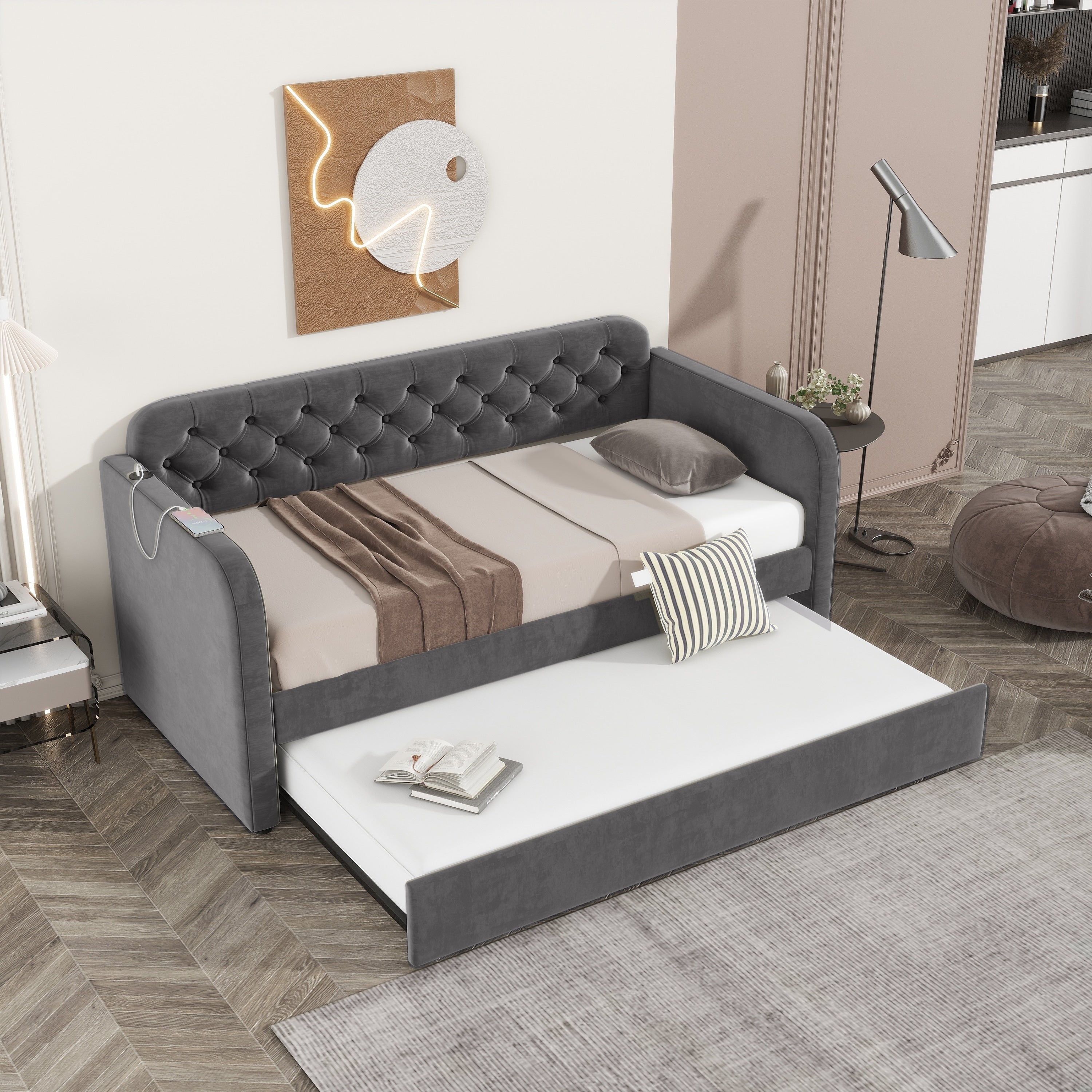 Twin Size Upholstered Daybed Sofa Bed With Trundle Bed