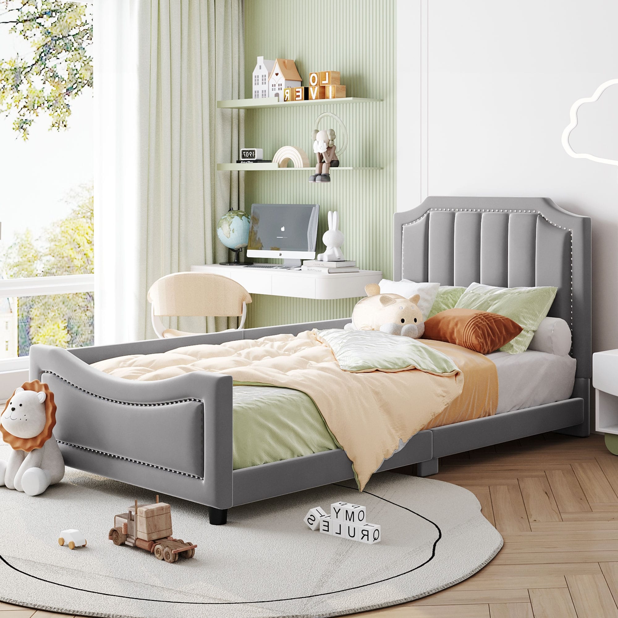 Twin Size Upholstered Daybed With Classic Stripe Shaped Headboard Gray