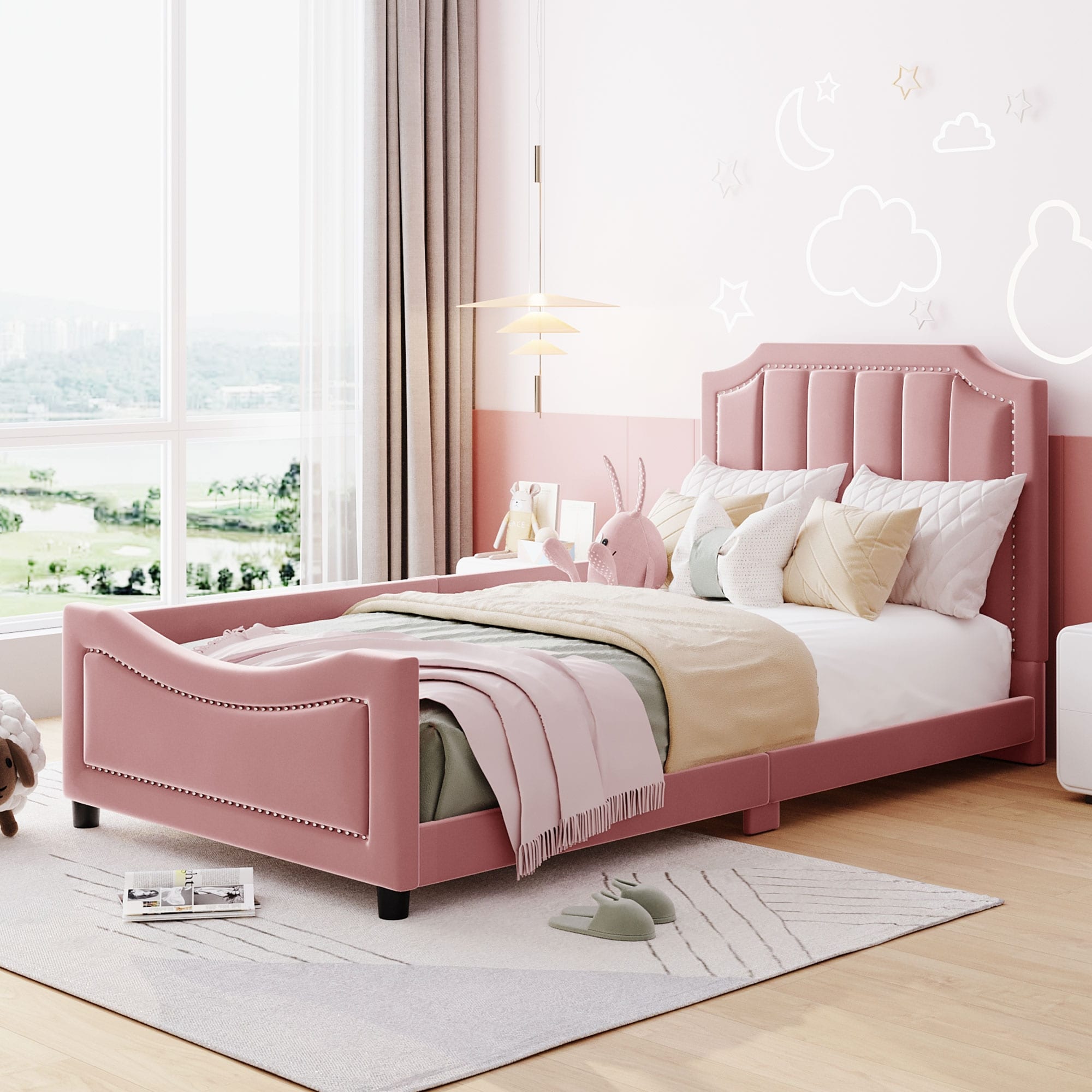 Twin Size Upholstered Daybed With Classic Stripe Shaped Headboard Pink