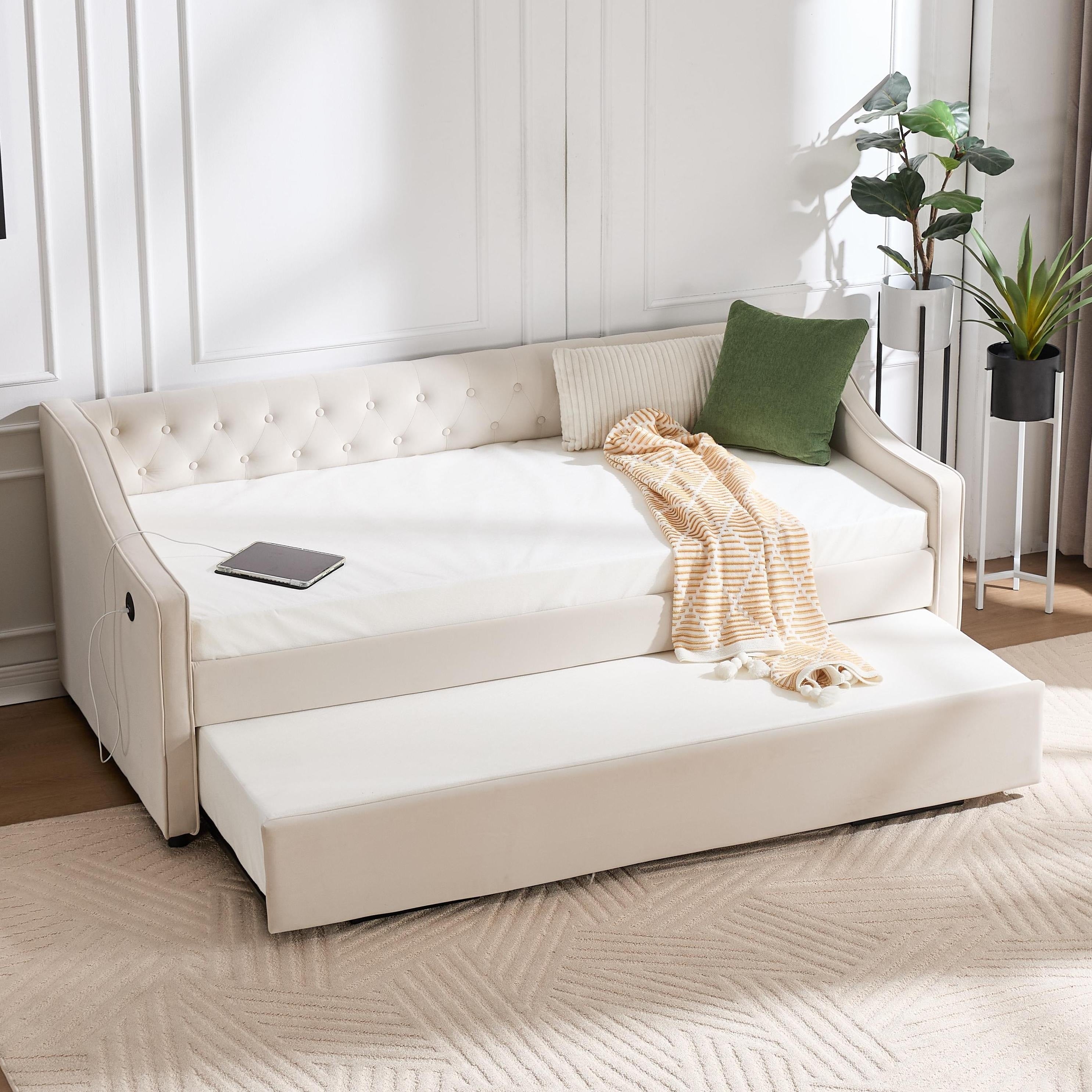 Twin Size Upholstered Daybed With Trundle Bed Side Pockets