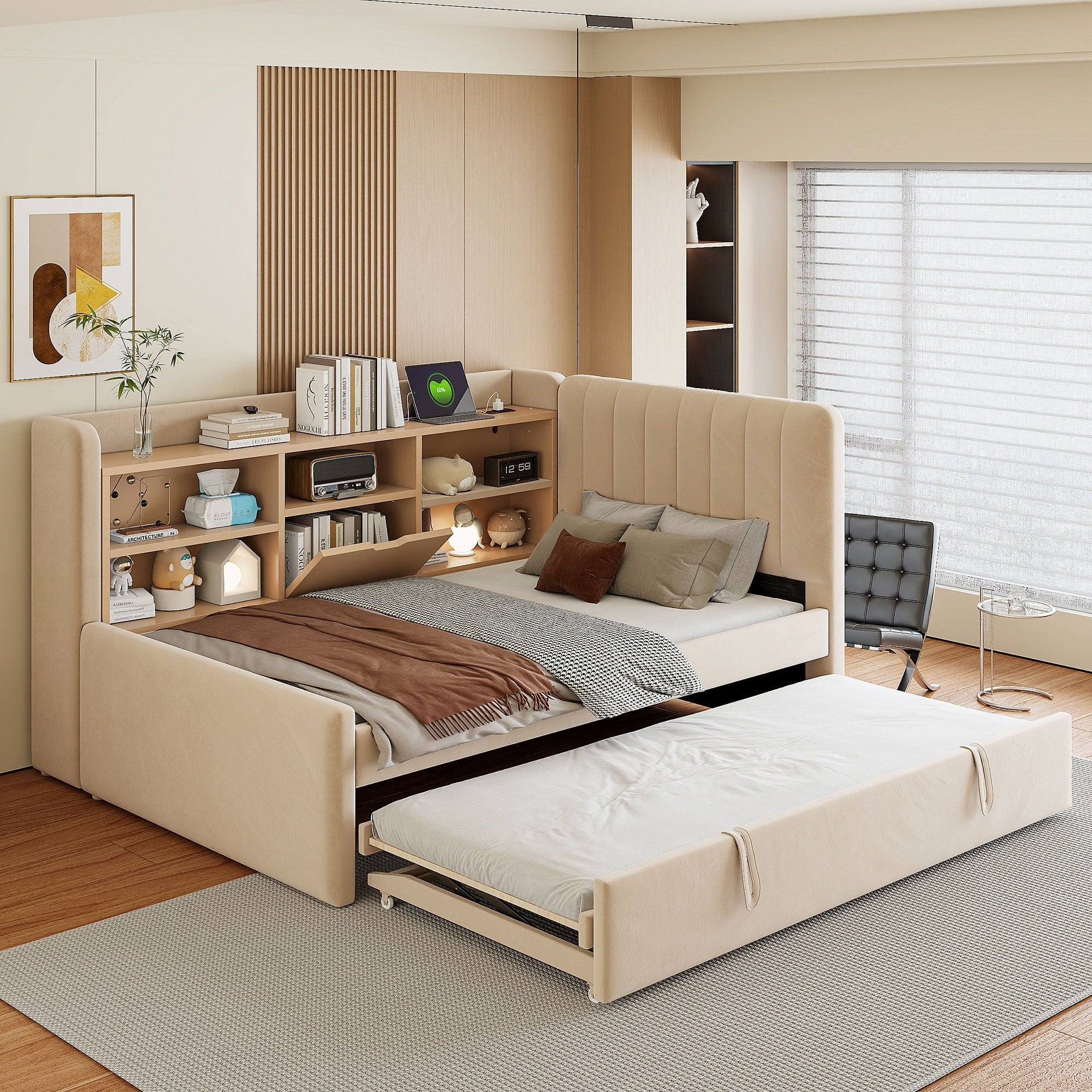 Twin Size Upholstered Daybed With Trundle Bed Storage Shelves