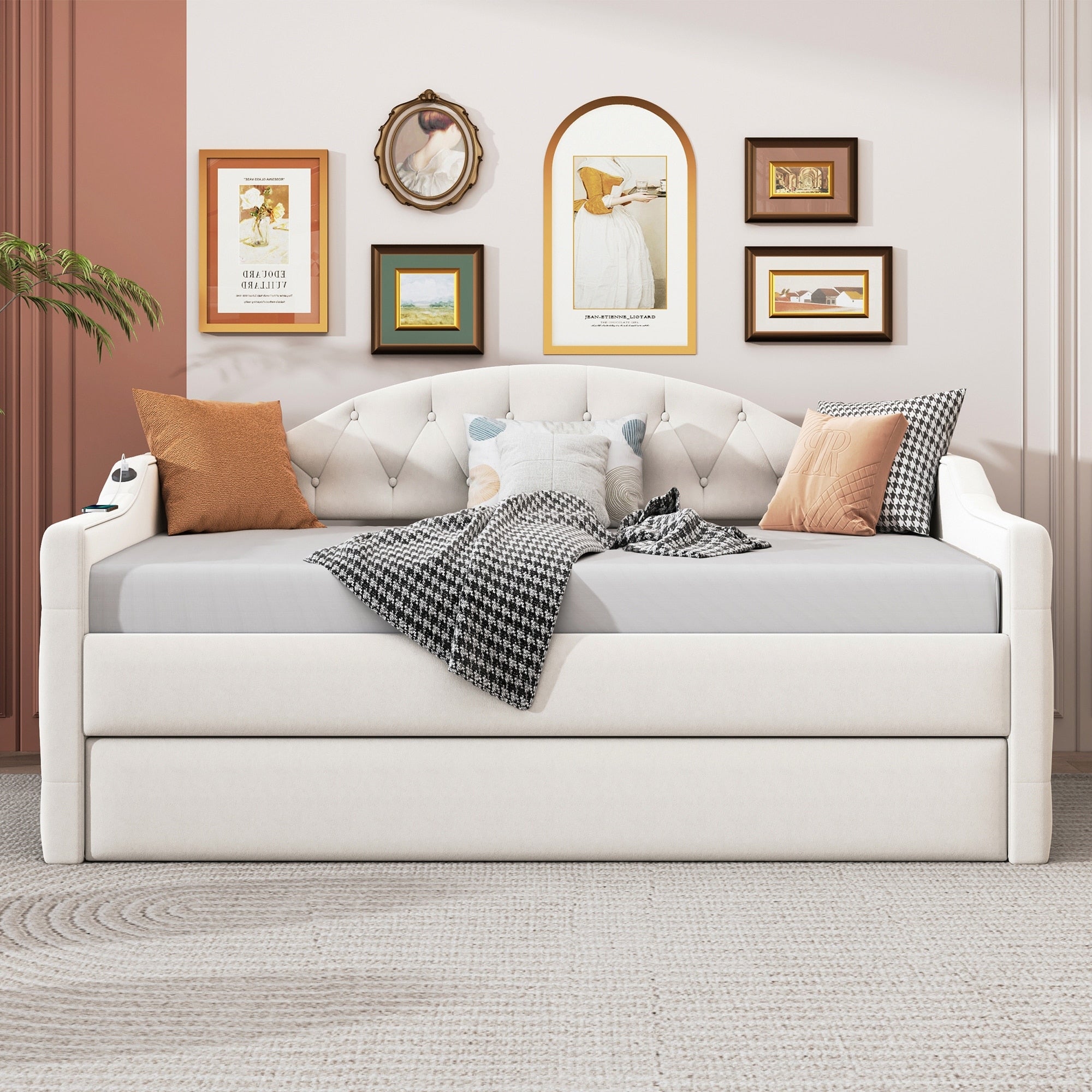 Twin Size Upholstered Daybed With Trundle Charging Ports