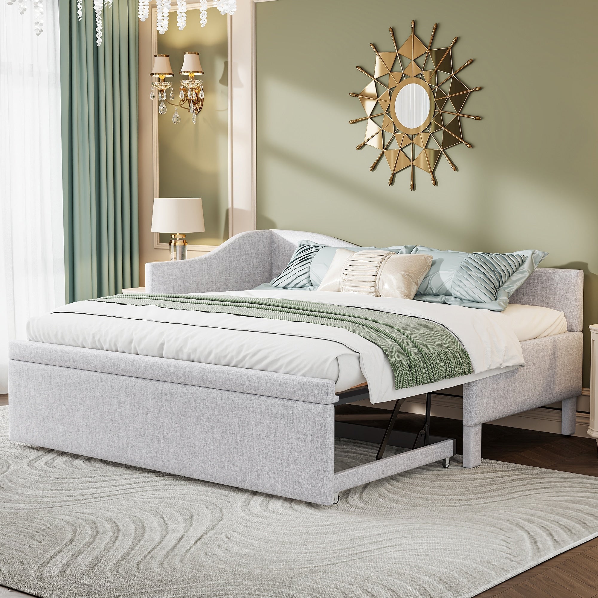 Twin Size Upholstered L Shaped Upholstered Daybed With Pop Up Trundle For Home Office